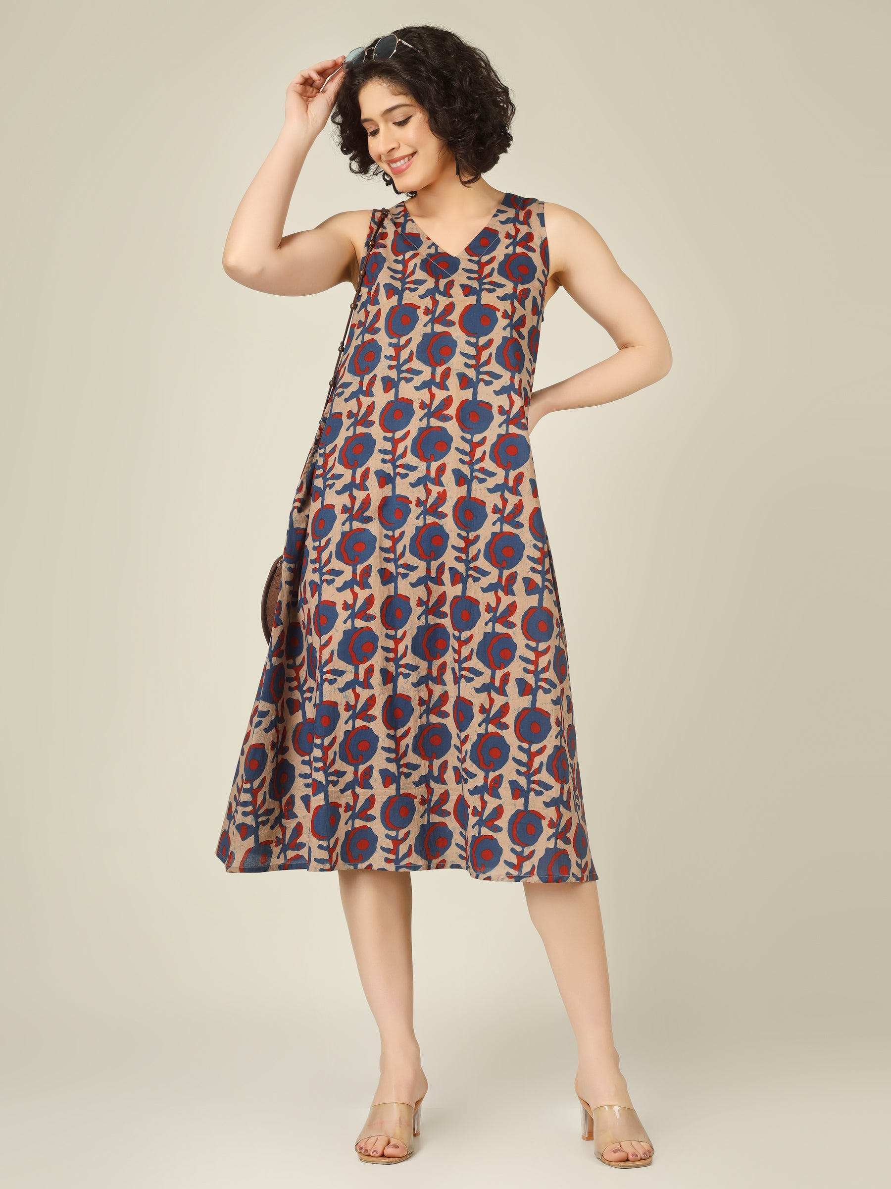 Beige Printed V-Neck Sleeveless A-Line Cotton Dress