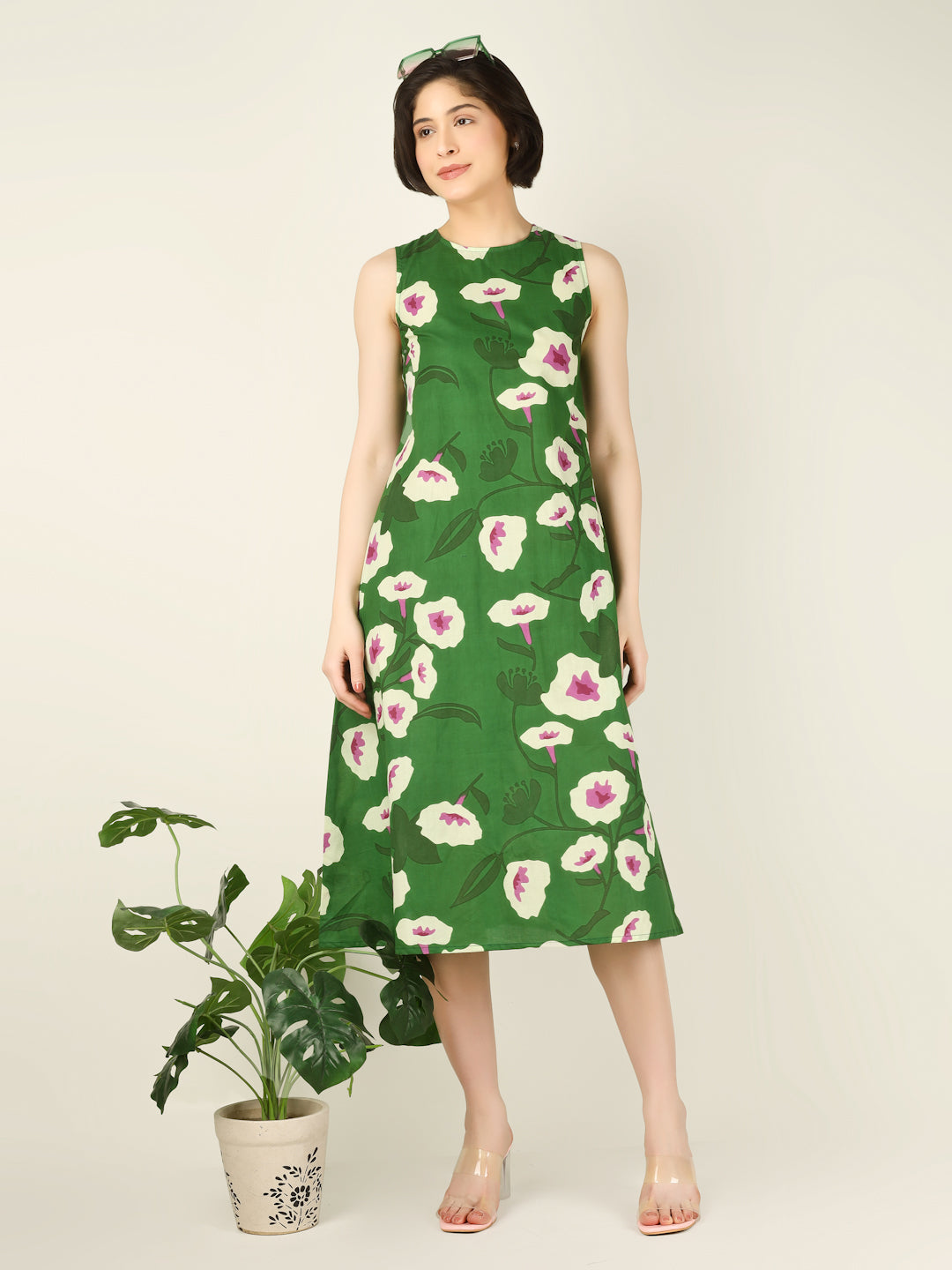 Green Printed Sleeveless A-Line Cotton Dress
