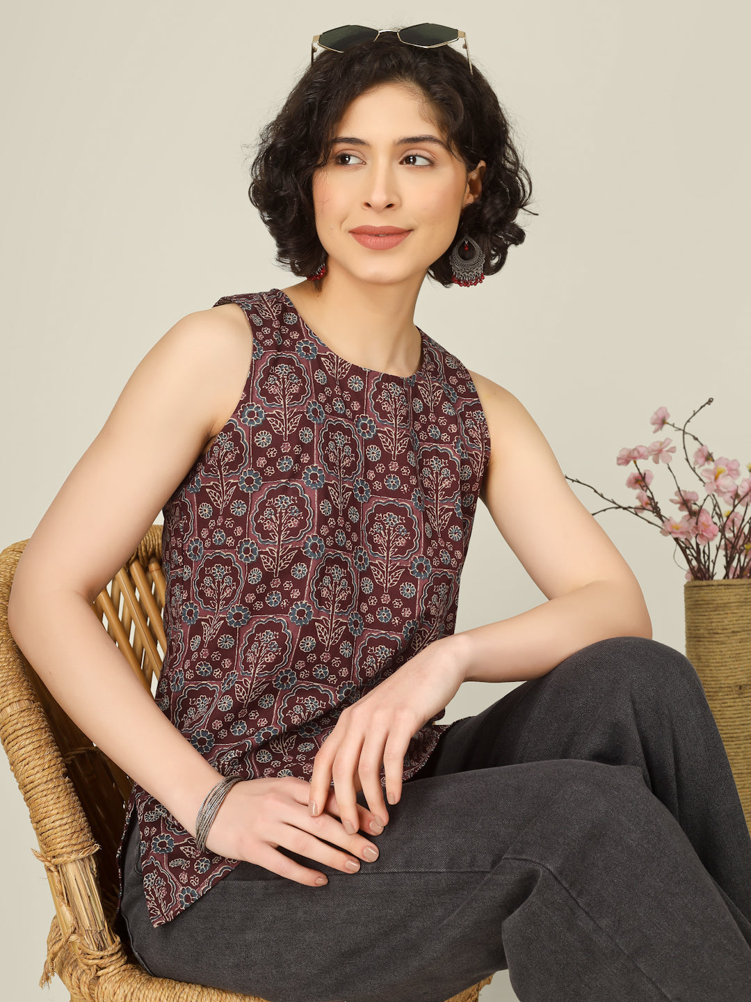 Brown Printed Round Neck Sleeveless Cotton Top