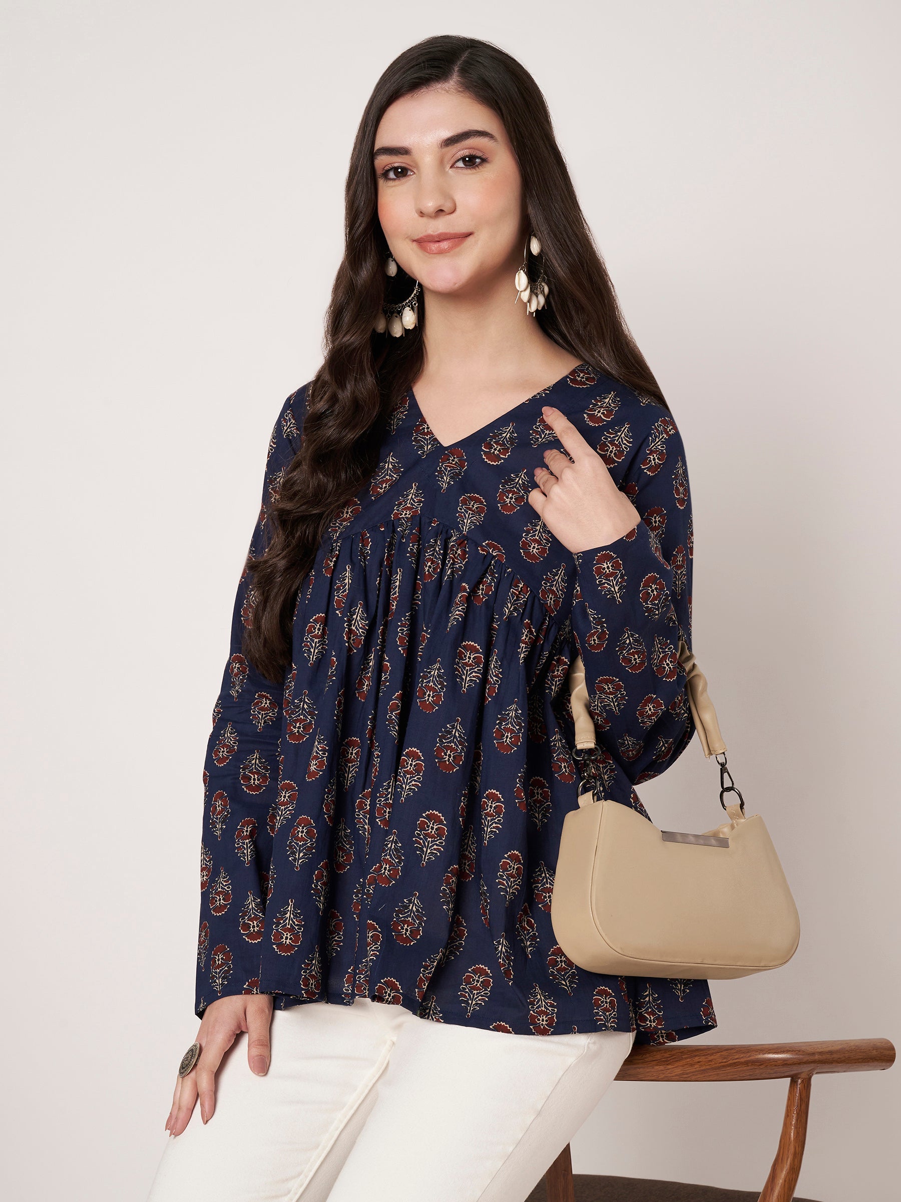 Navy Blue Printed Alia-Cut Cotton Top