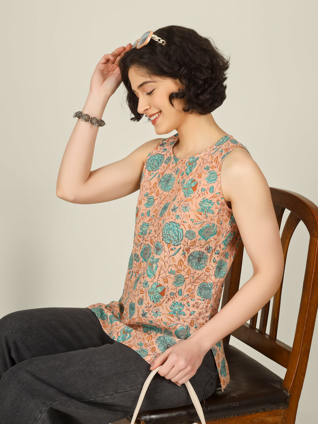 Peach Printed Round Neck Sleeveless Cotton Top