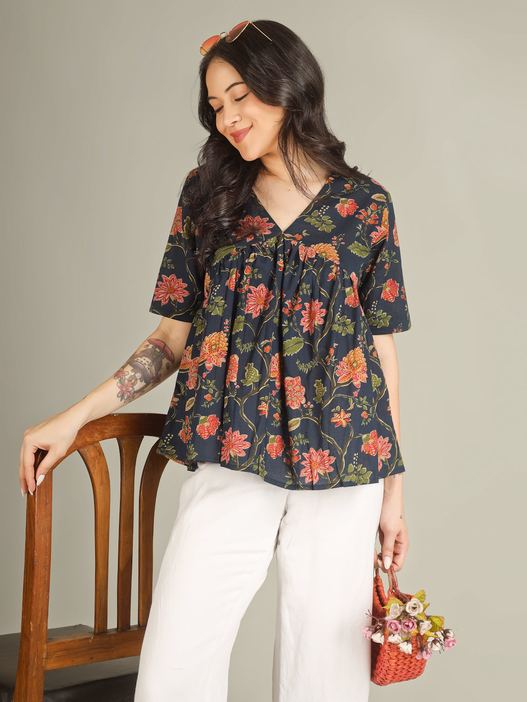 Navy Blue Printed Half-Sleeve Alia-Cut Cotton Top