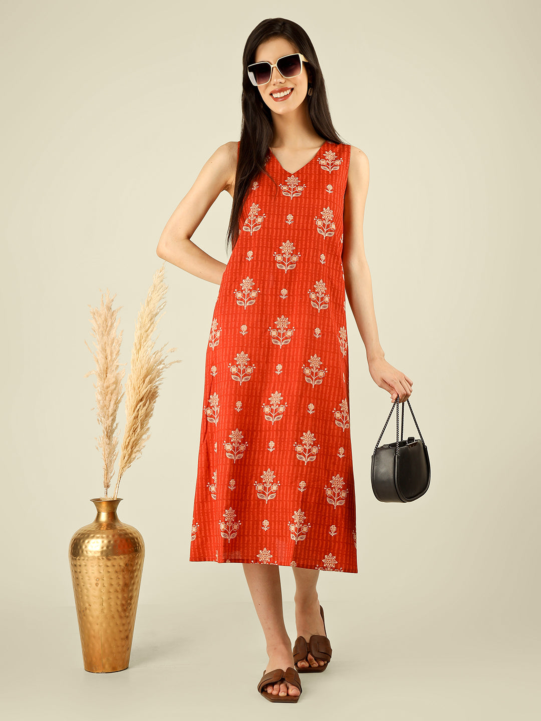 Orange Printed V-Neck Sleeveless A-Line Cotton Dress