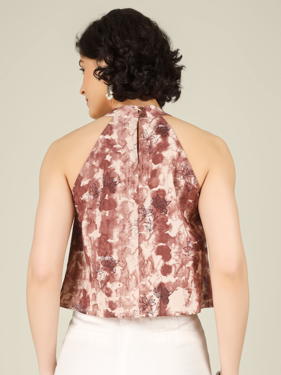 Brownish Red Printed Halter Neck Sleeveless Cotton Top