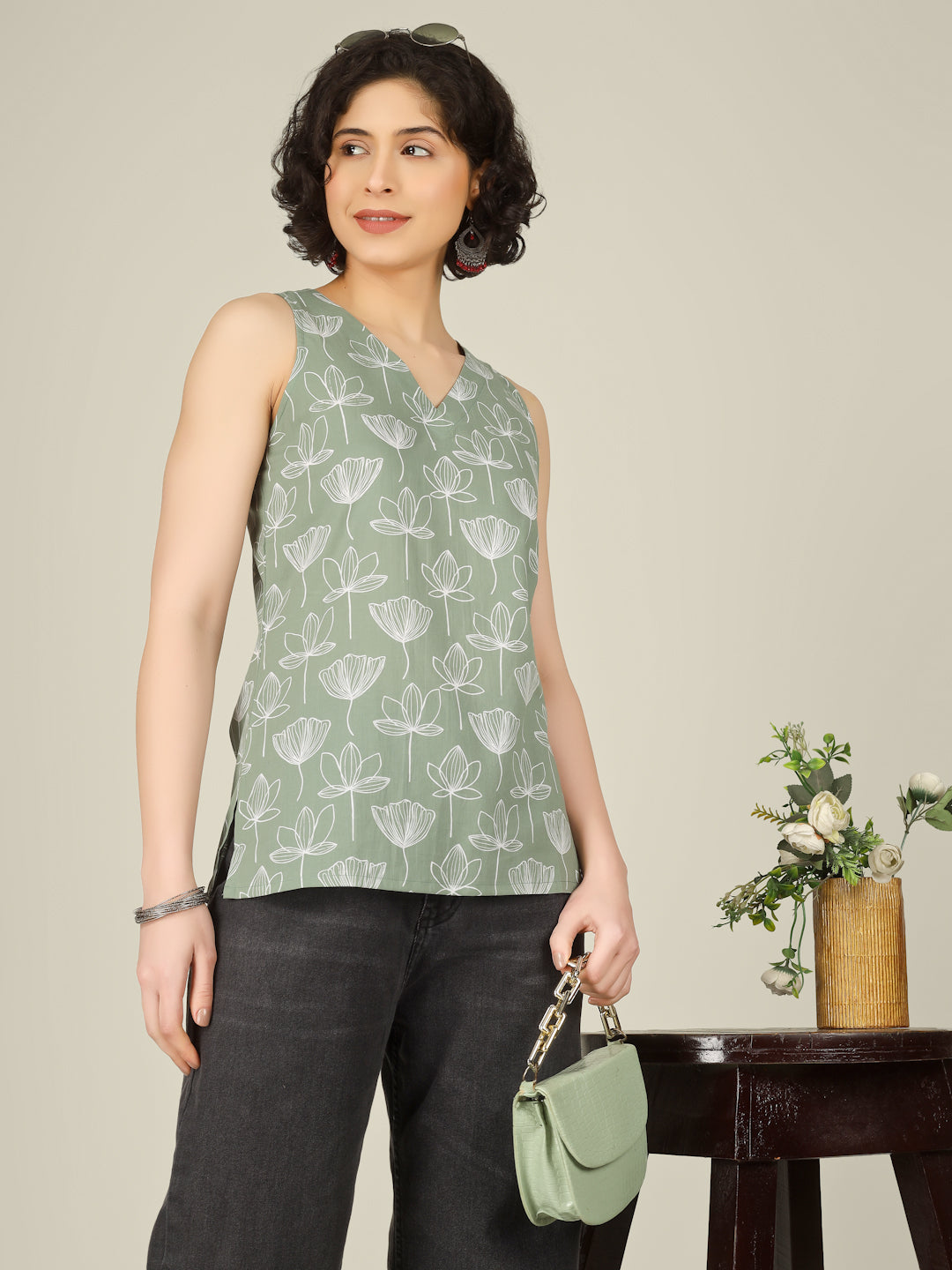 Green Printed Sleeveless V-Neck Cotton Top
