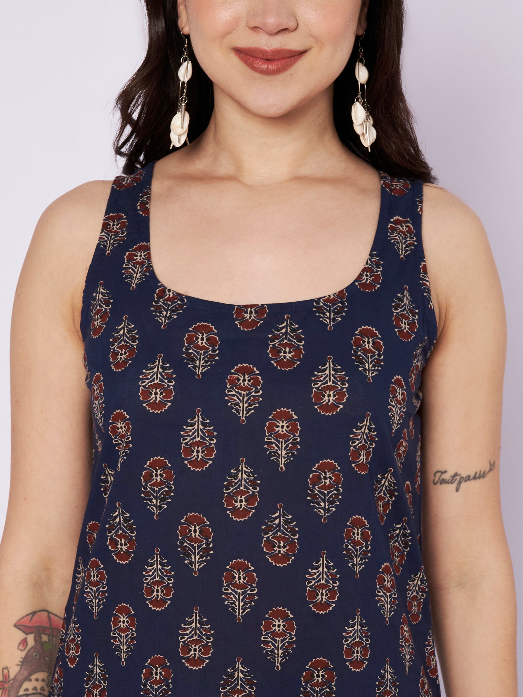 Navy Blue Printed Sleeveless Cotton Top