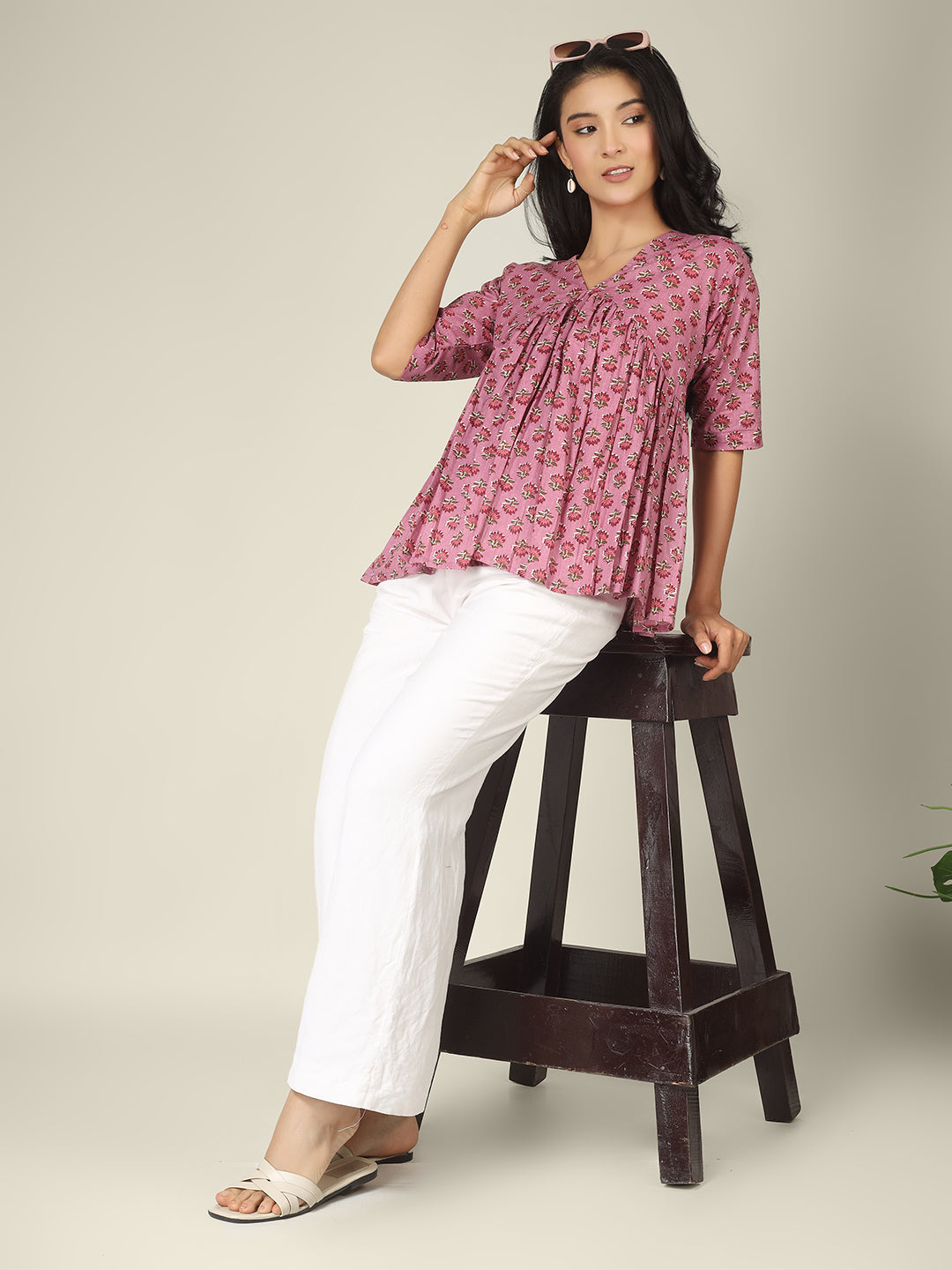 Pink Printed Half-Sleeve Alia-Cut Cotton Peplum Top