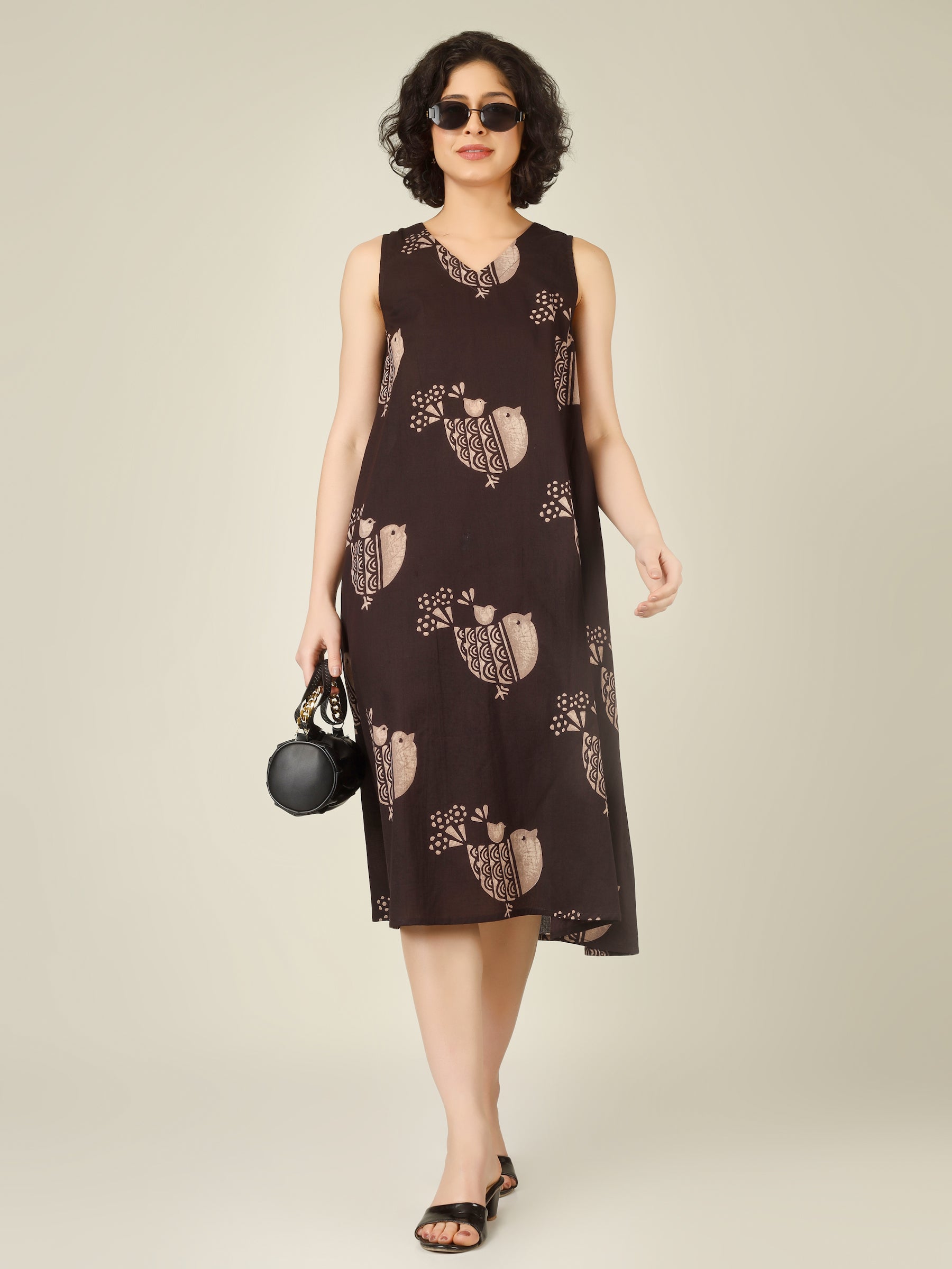 Brown Printed V-Neck Sleeveless A-Line Cotton Dress