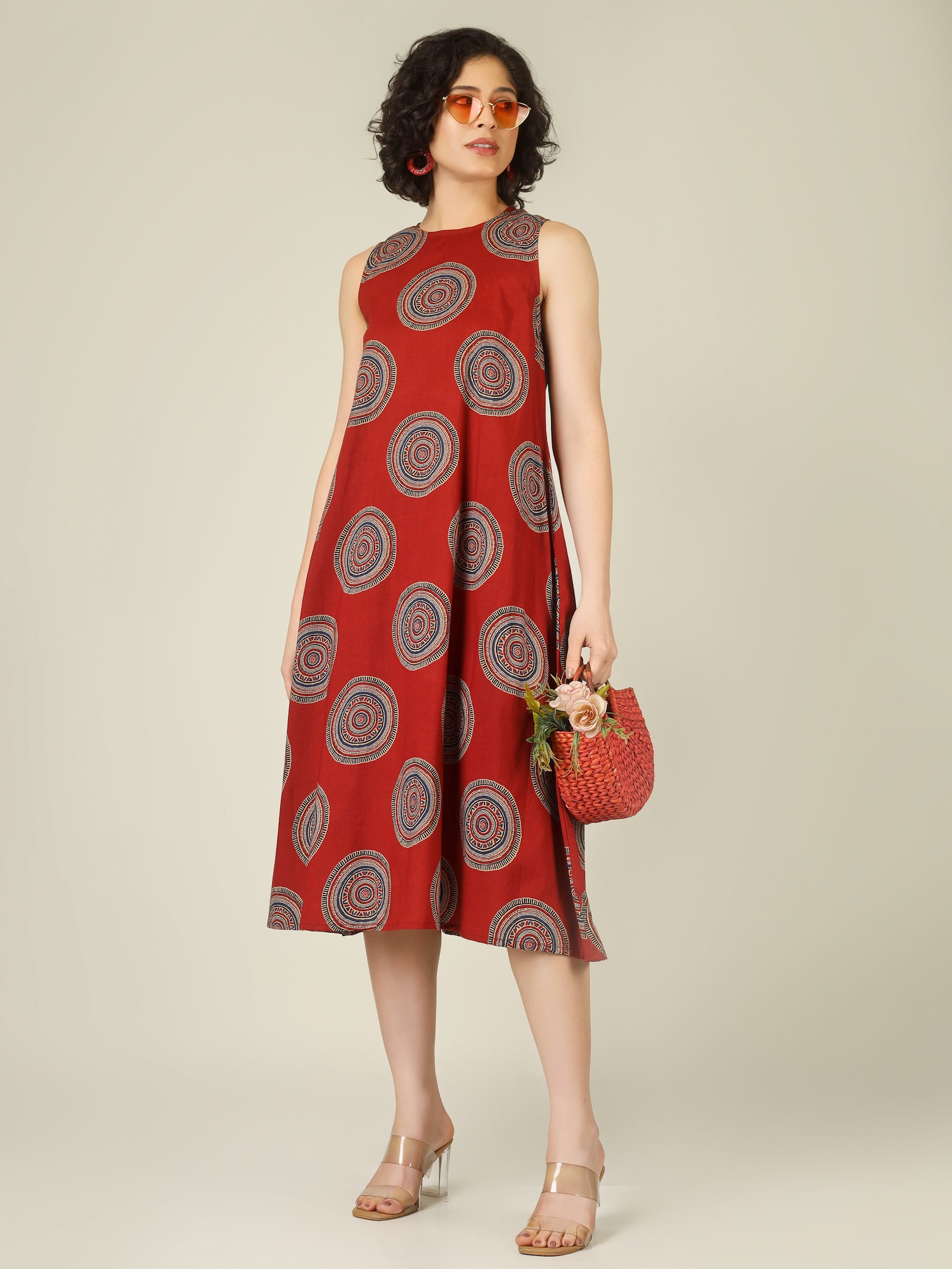 Maroon Printed Sleeveless A-Line Cotton Dress