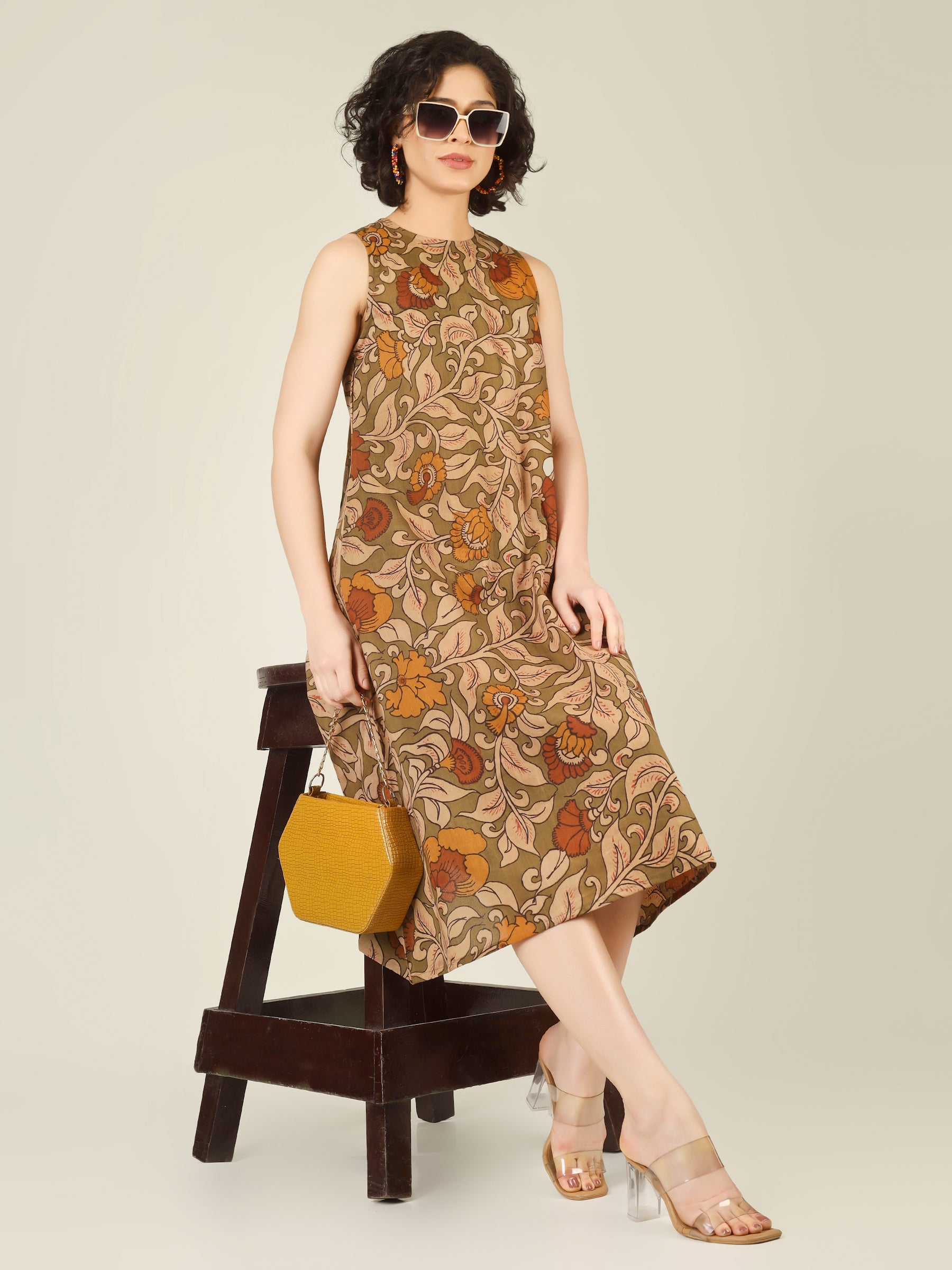 Olive Printed Sleeveless A-Line Cotton Dress