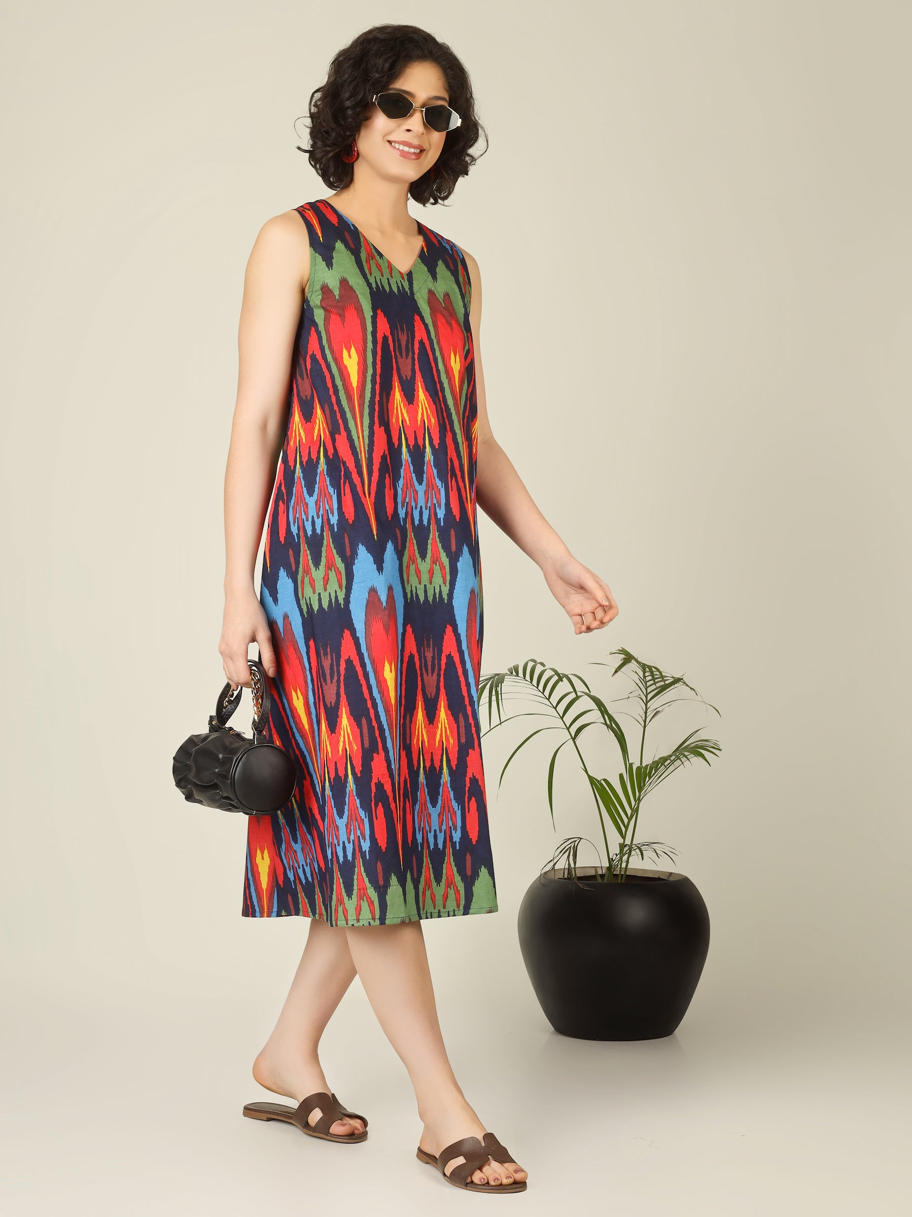 Navy Blue Printed V-Neck Sleeveless A-Line Cotton Dress