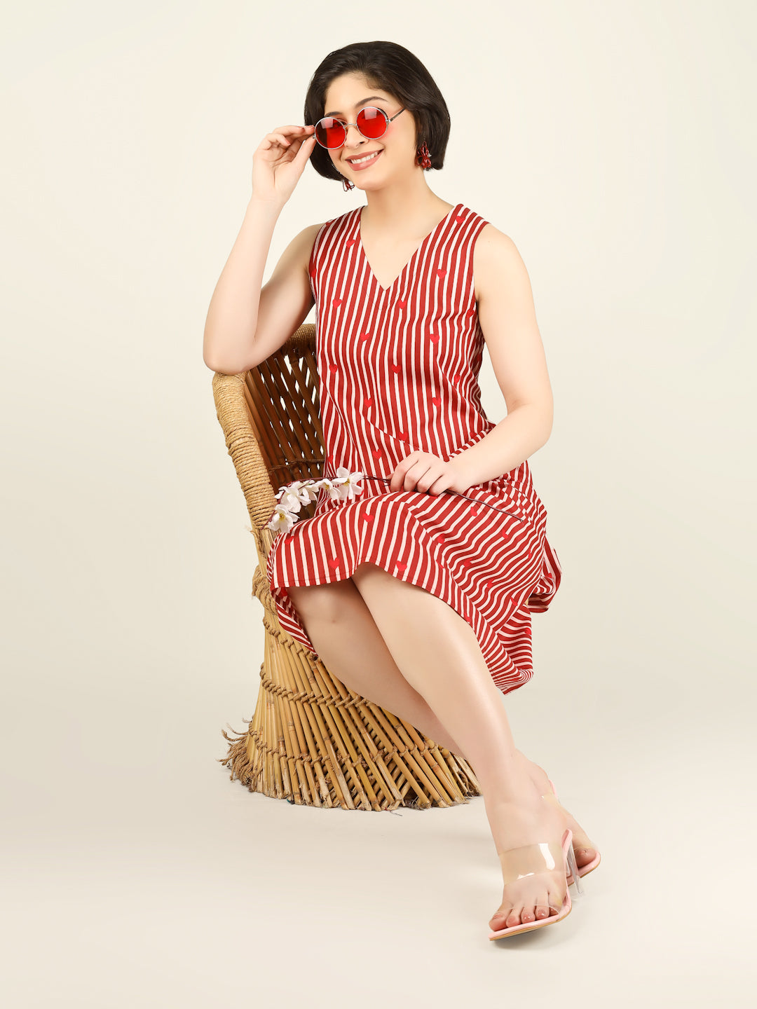 Red Striped Sleeveless V-Neck A-Line Cotton Dress