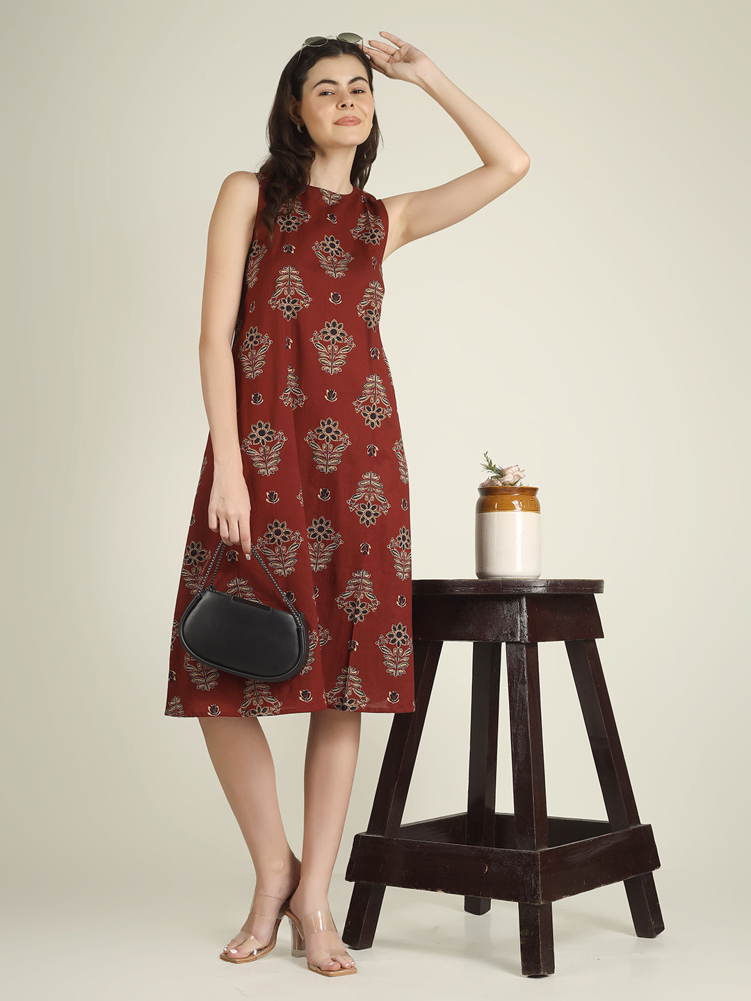 Maroon Printed Sleeveless A-Line Cotton Dress