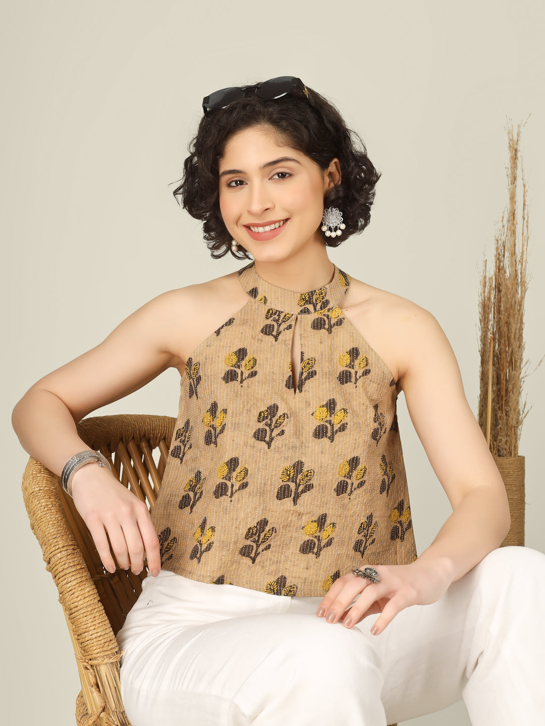 Beige Printed Halter Neck Sleeveless Cotton Top