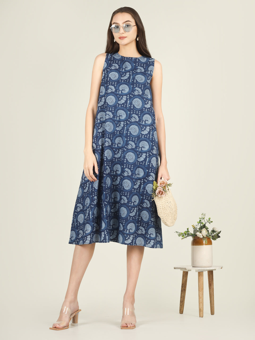 Dark Blue Printed Sleeveless A-Line Cotton Dress