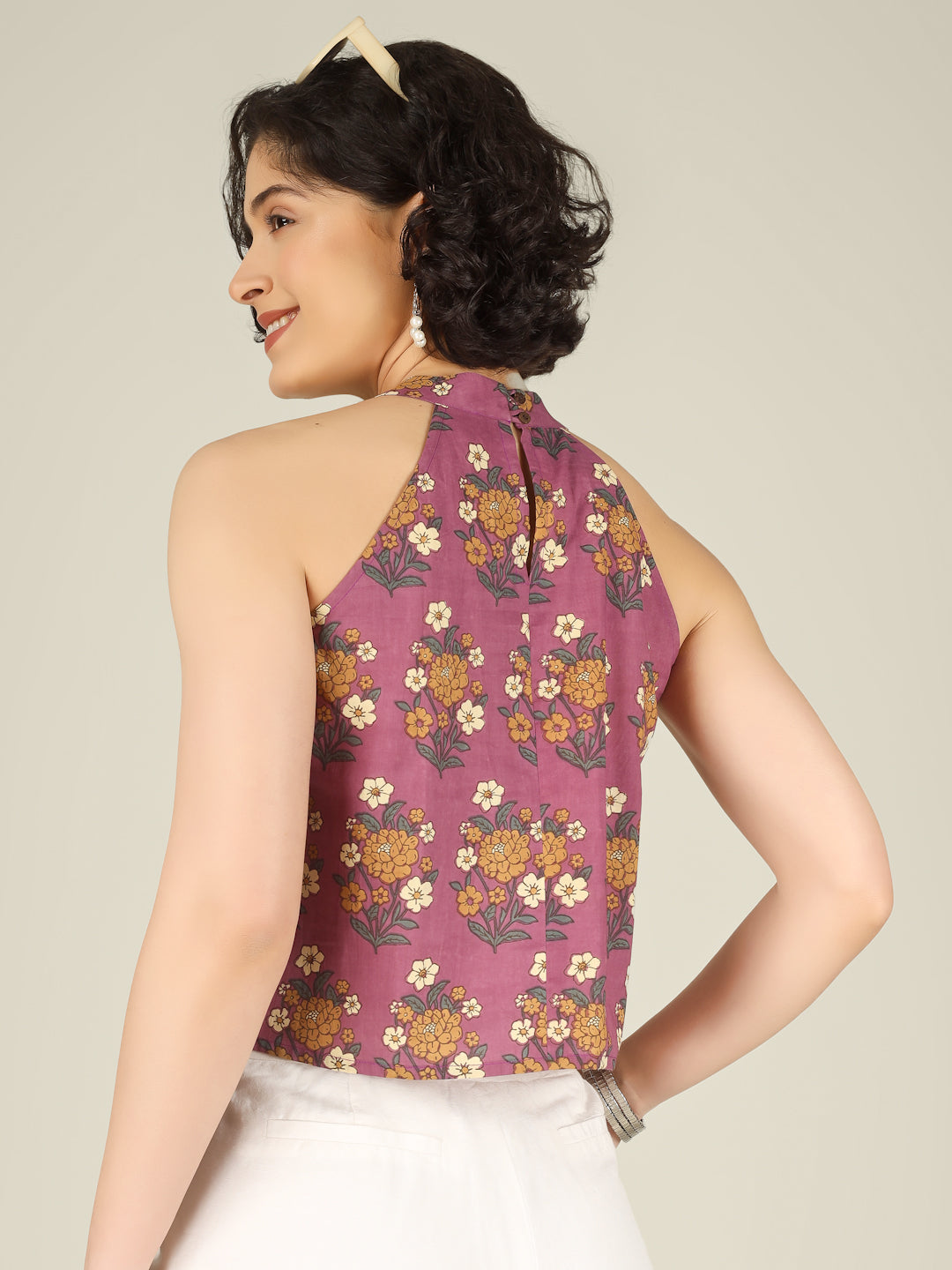 Purple Printed Halter Neck Sleeveless Cotton Top