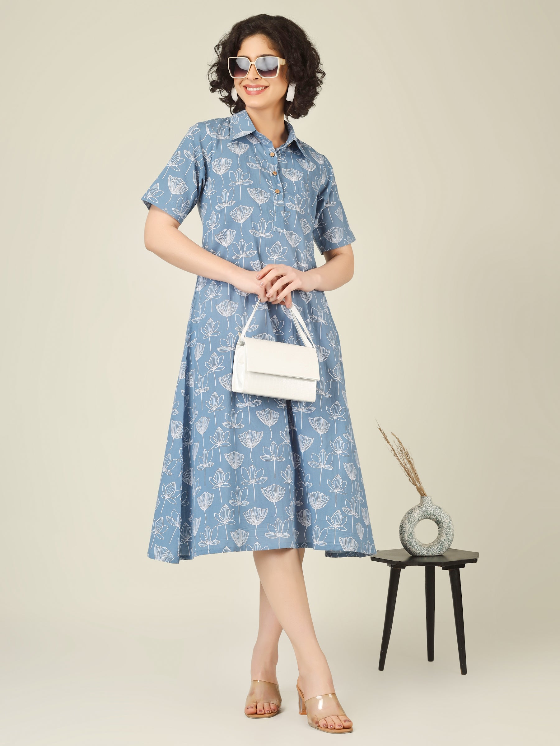Sky Blue Printed A-Line Cotton Shirt Dress