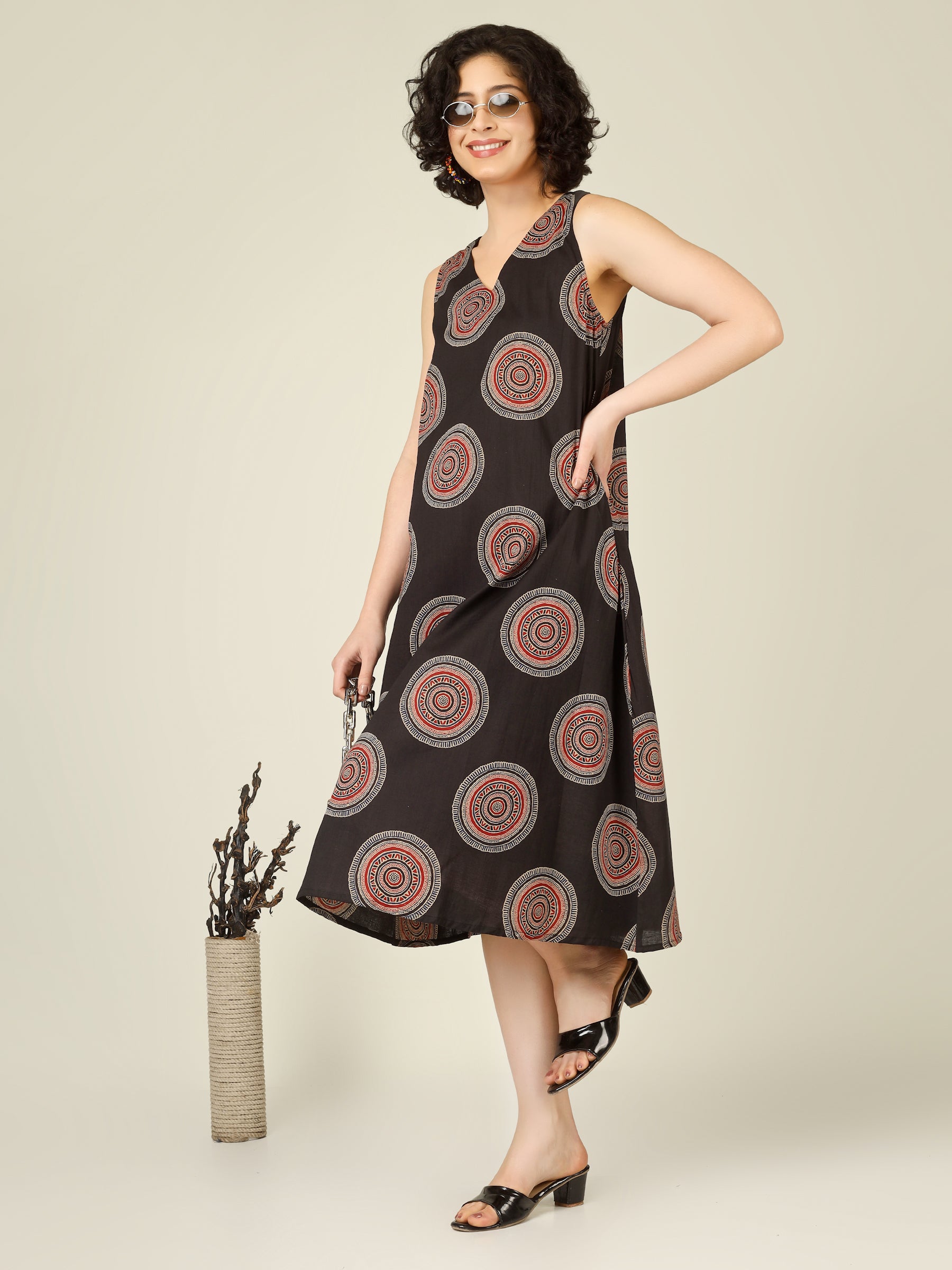 Black Printed V-Neck Sleeveless A-Line Cotton Dress
