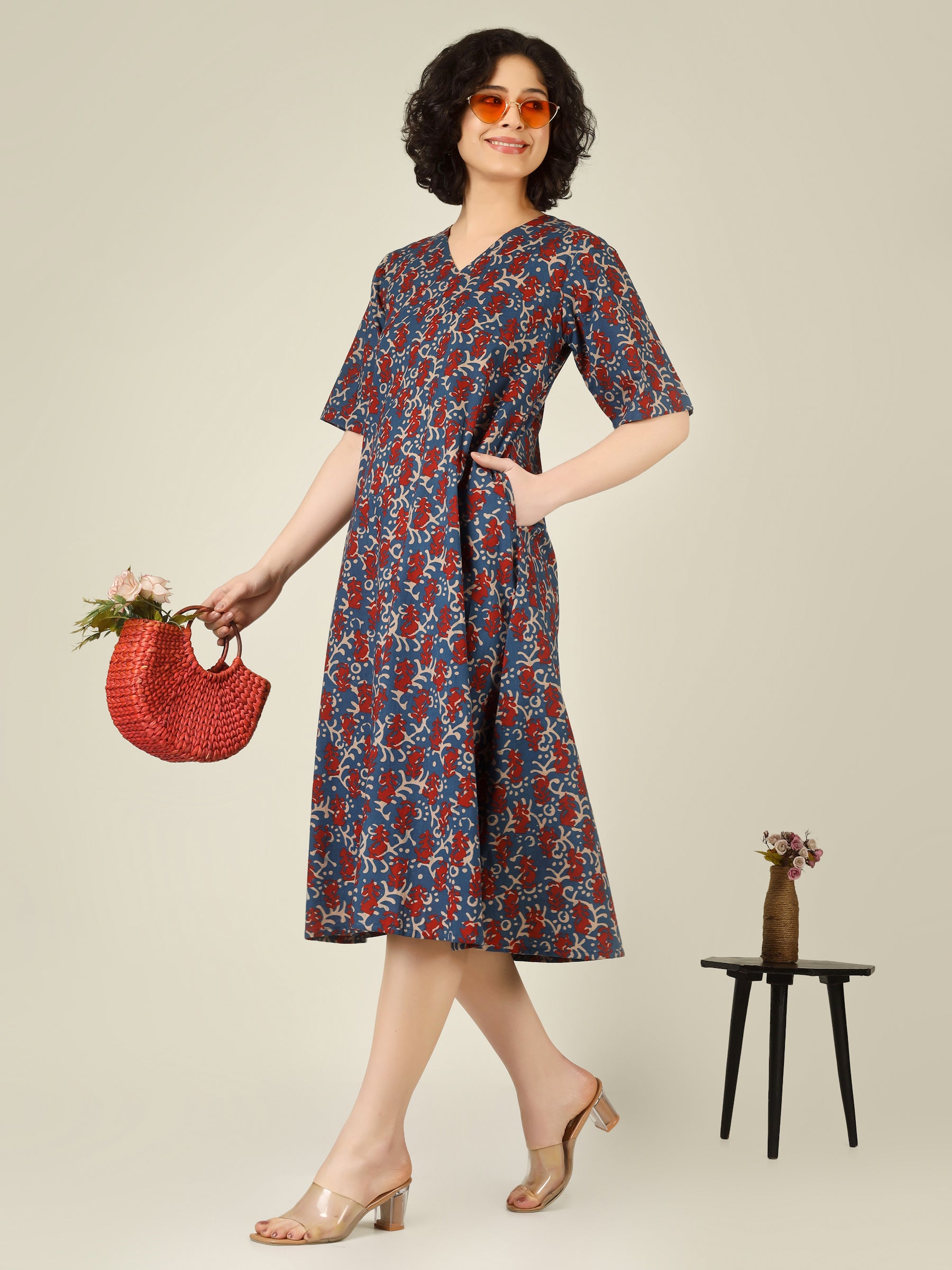 Blue Printed Half-Sleeve A-Line Cotton Dress