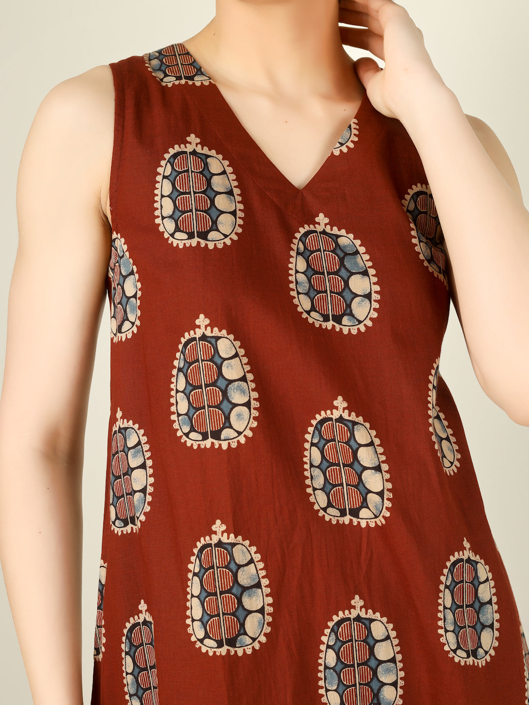 Rust Printed Sleeveless V-Neck A-Line Cotton Dress