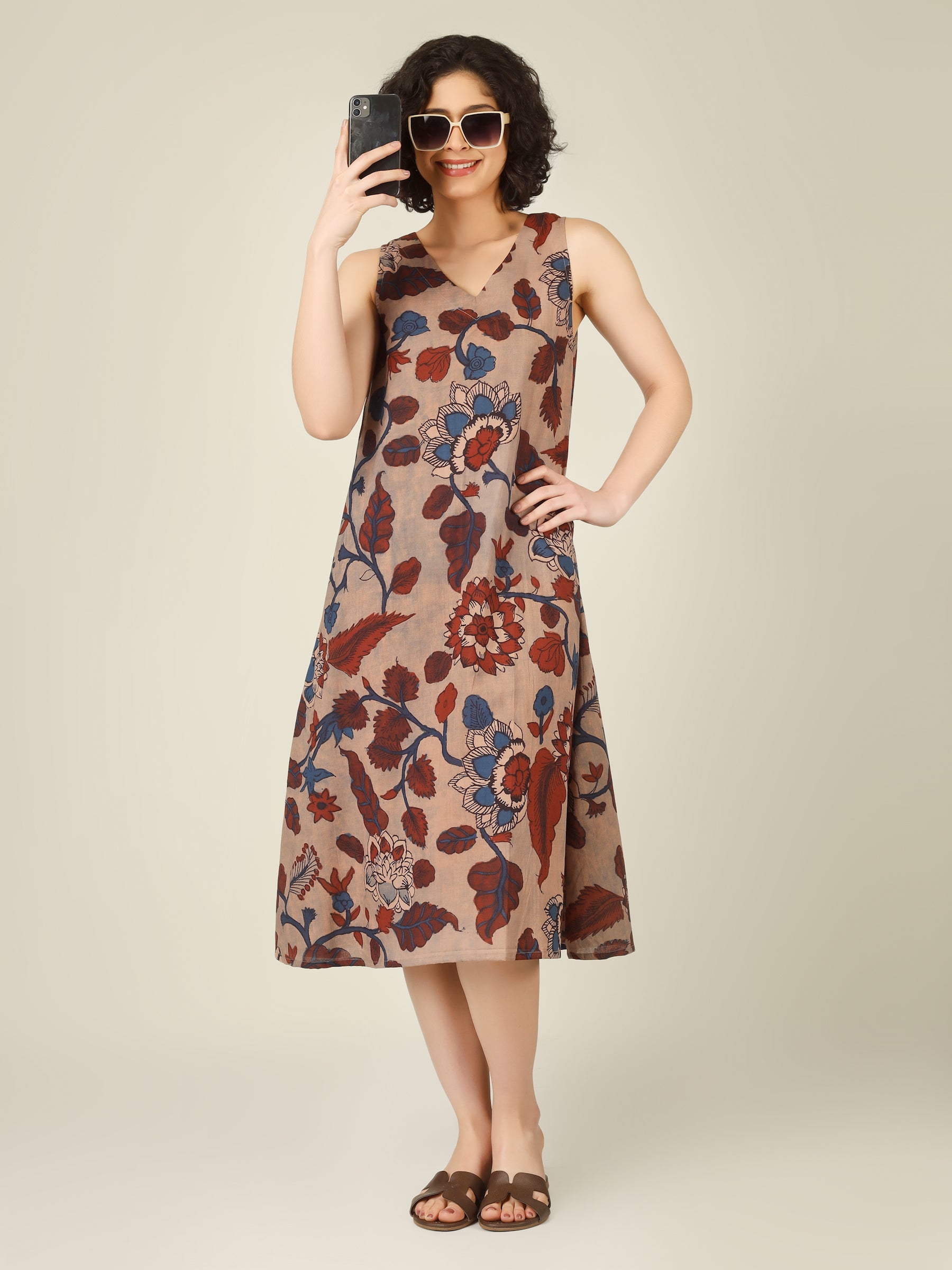 Beige Printed V-Neck Sleeveless A-Line Cotton Dress