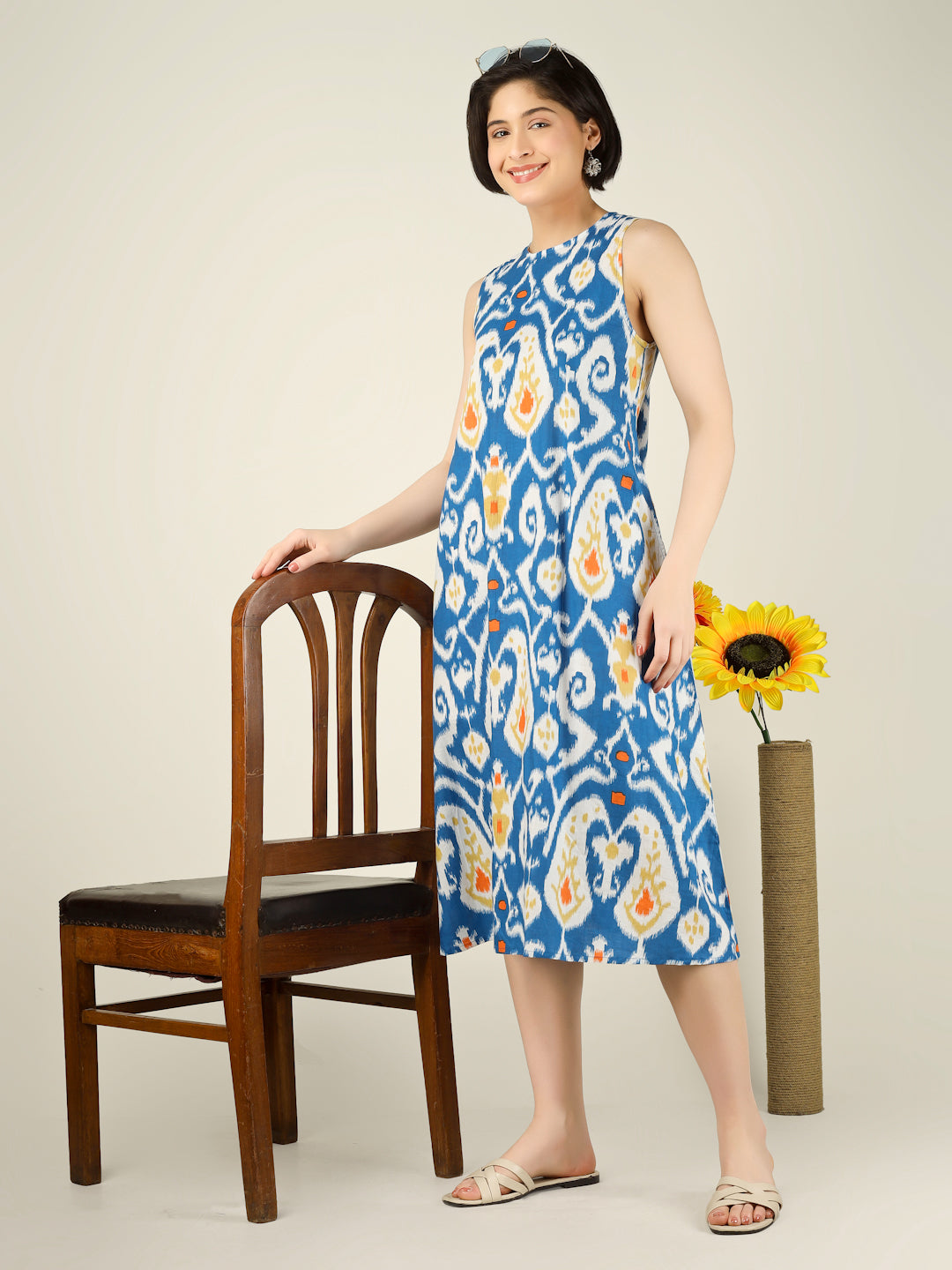 Blue Printed Sleeveless A-Line Cotton Dress