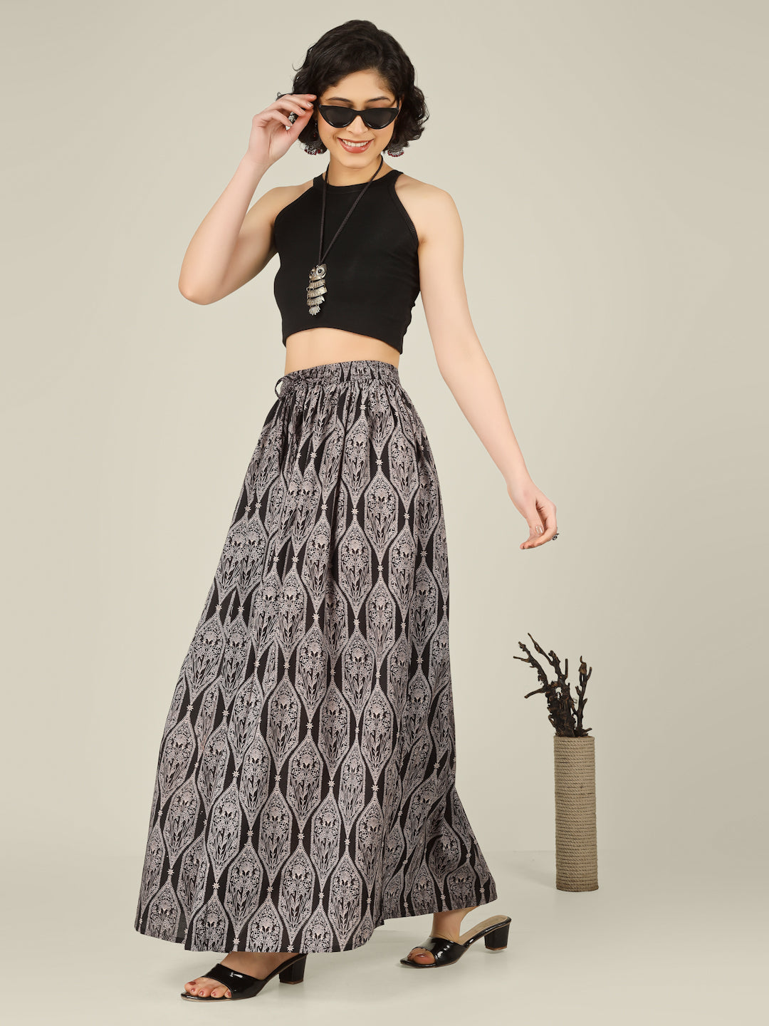 Black Printed Cotton Maxi Skirt