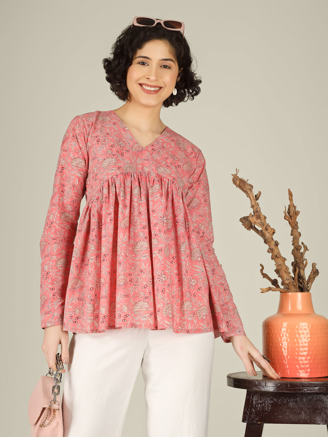 Peach Printed Alia-Cut Cotton Top