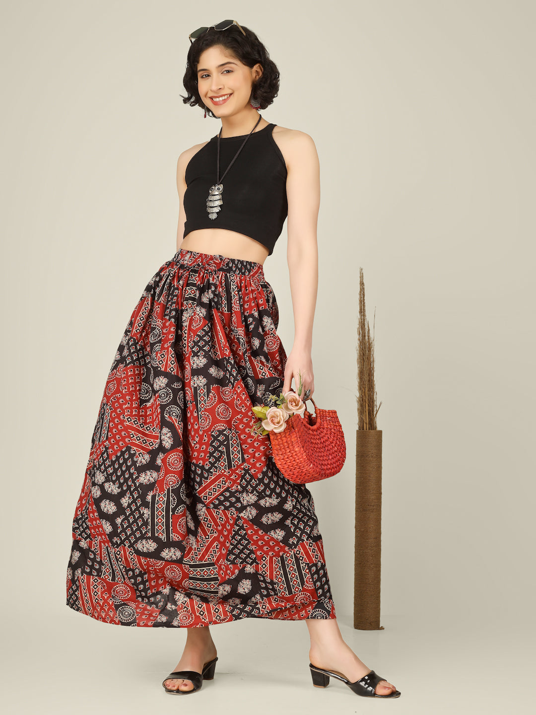 Red and Black Printed Cotton Maxi Skirt