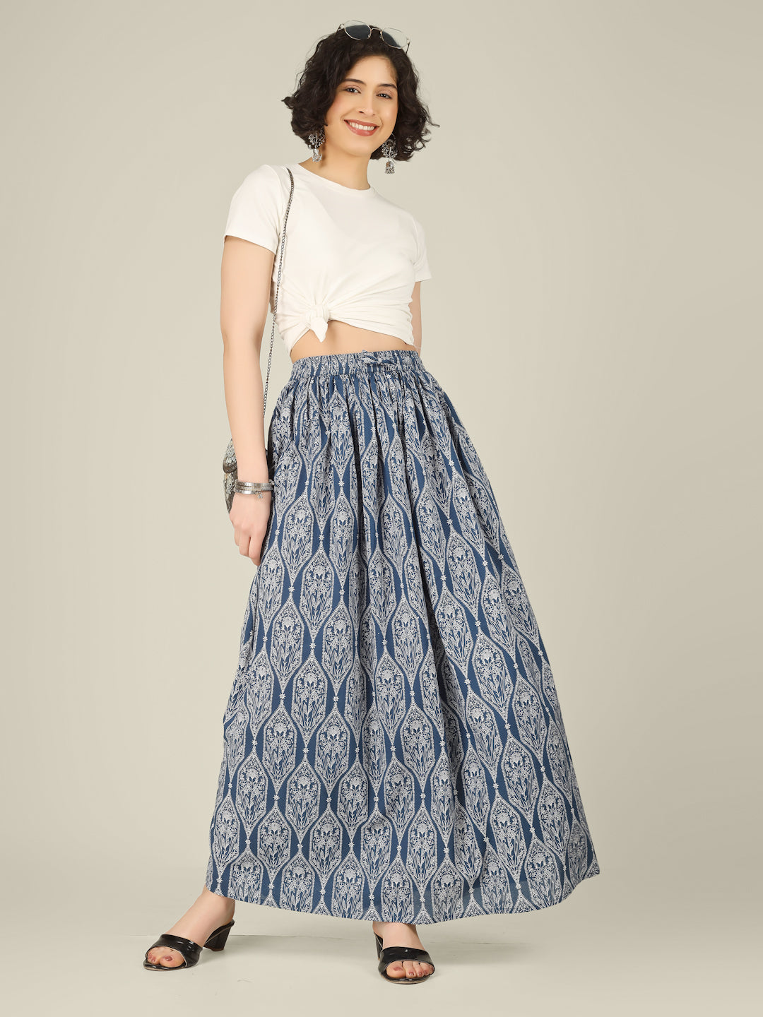 Blue Printed Cotton Maxi Skirt