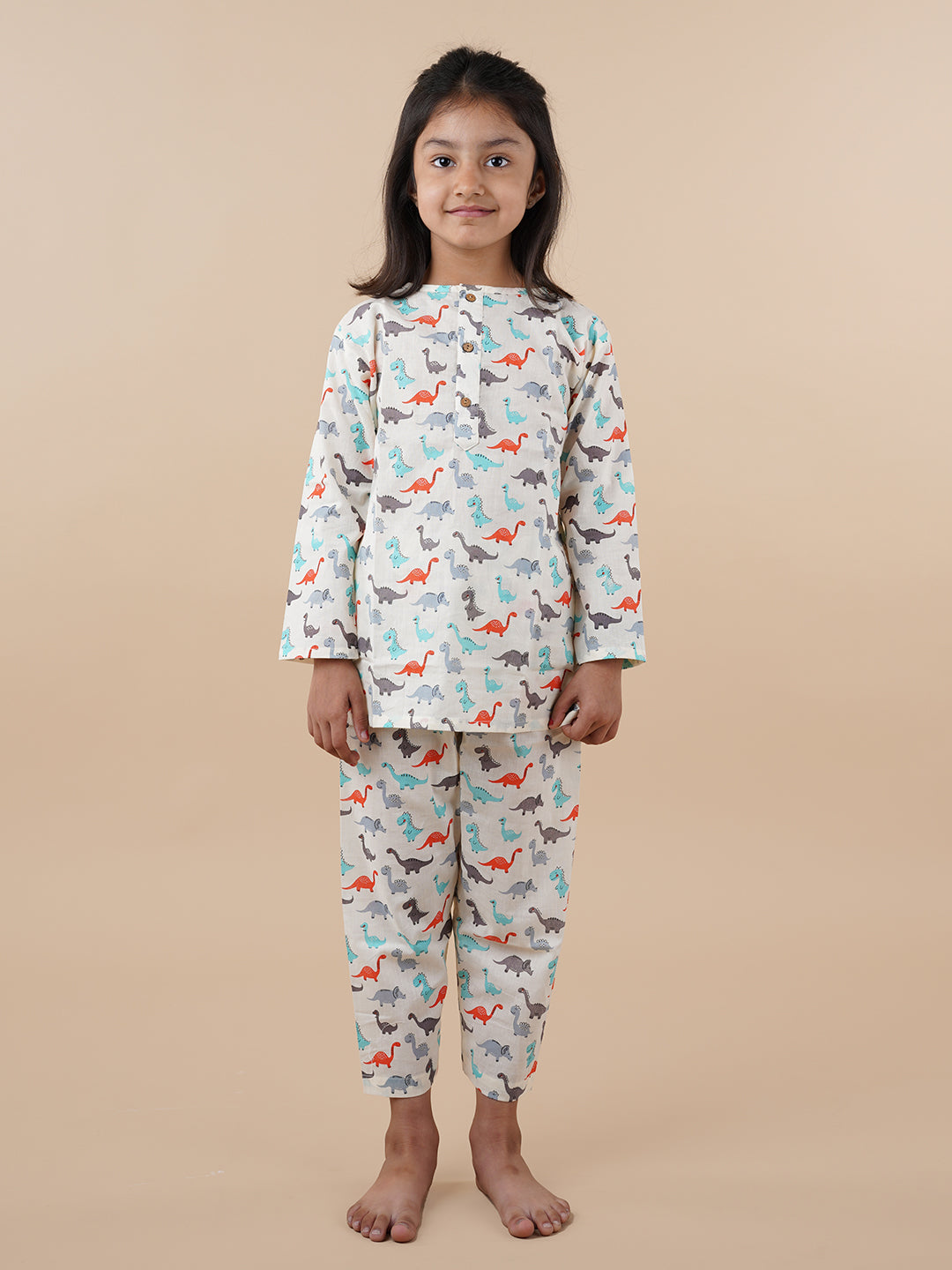 Multicolor Dinosaur Print Kids Cotton Kurta Pyjama Set