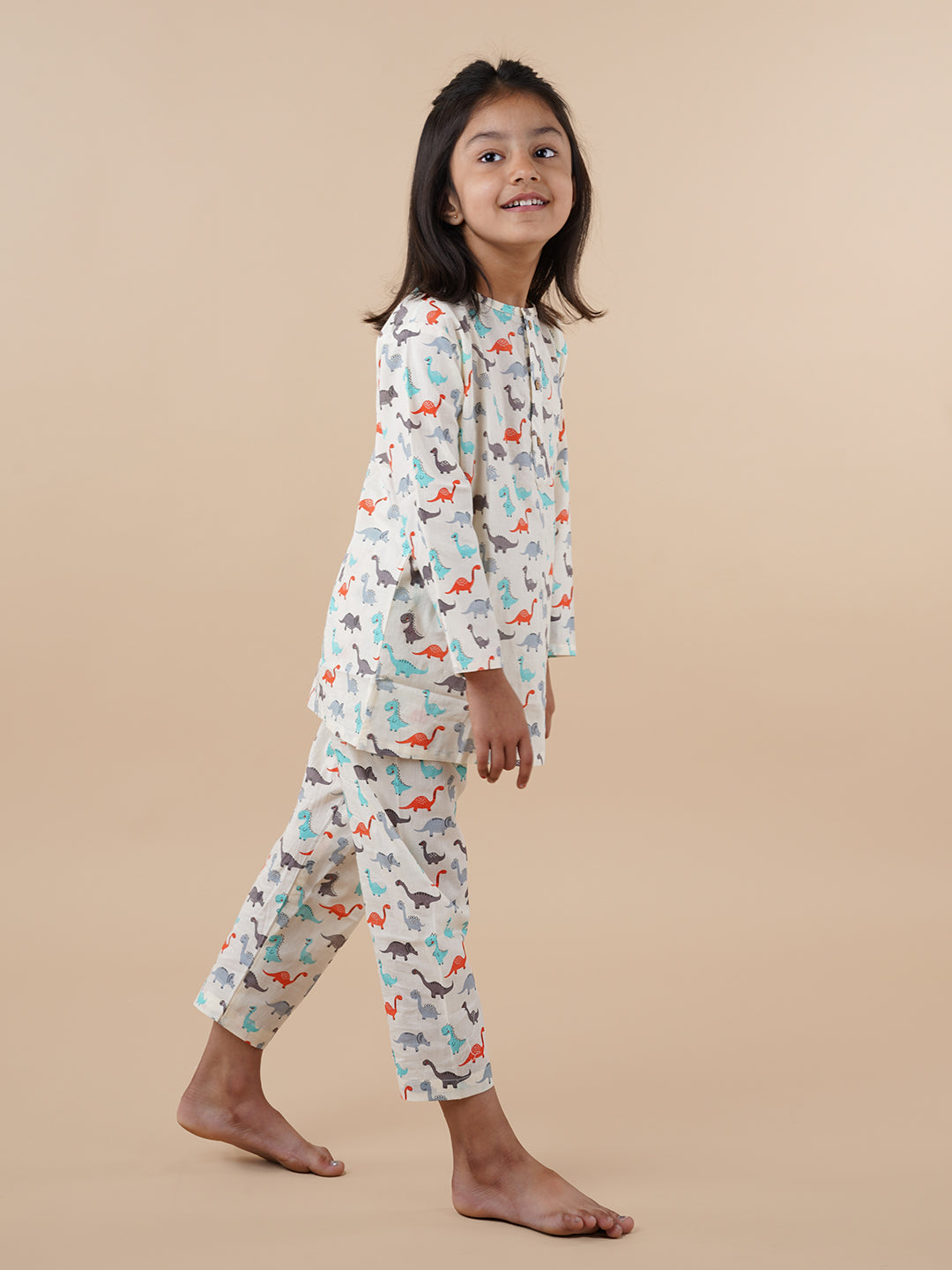 Multicolor Dinosaur Print Kids Cotton Kurta Pyjama Set