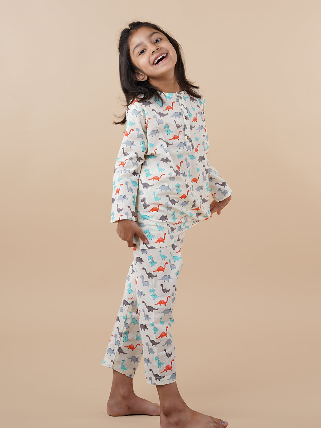 Multicolor Dinosaur Print Kids Cotton Kurta Pyjama Set