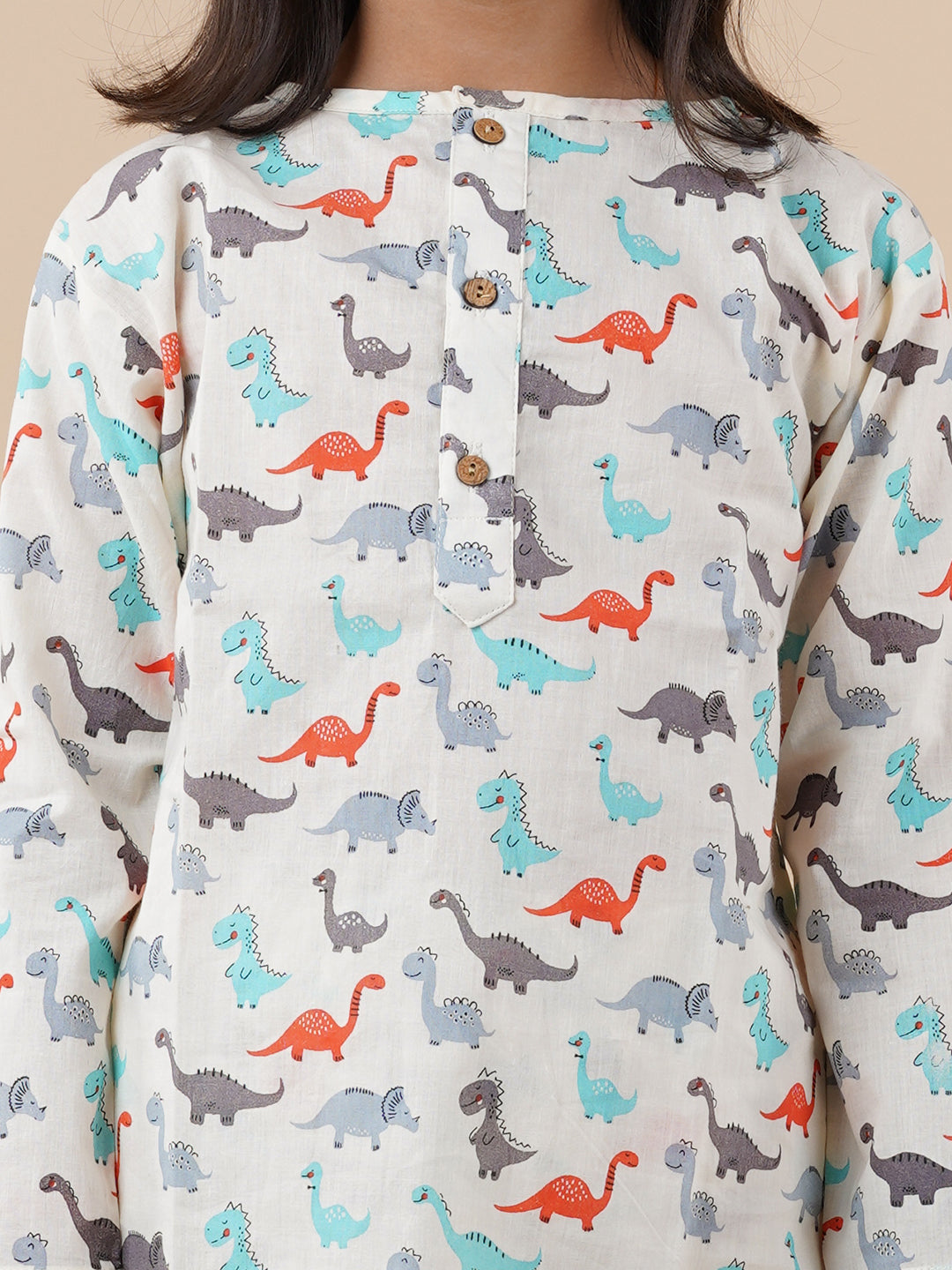 Multicolor Dinosaur Print Kids Cotton Kurta Pyjama Set