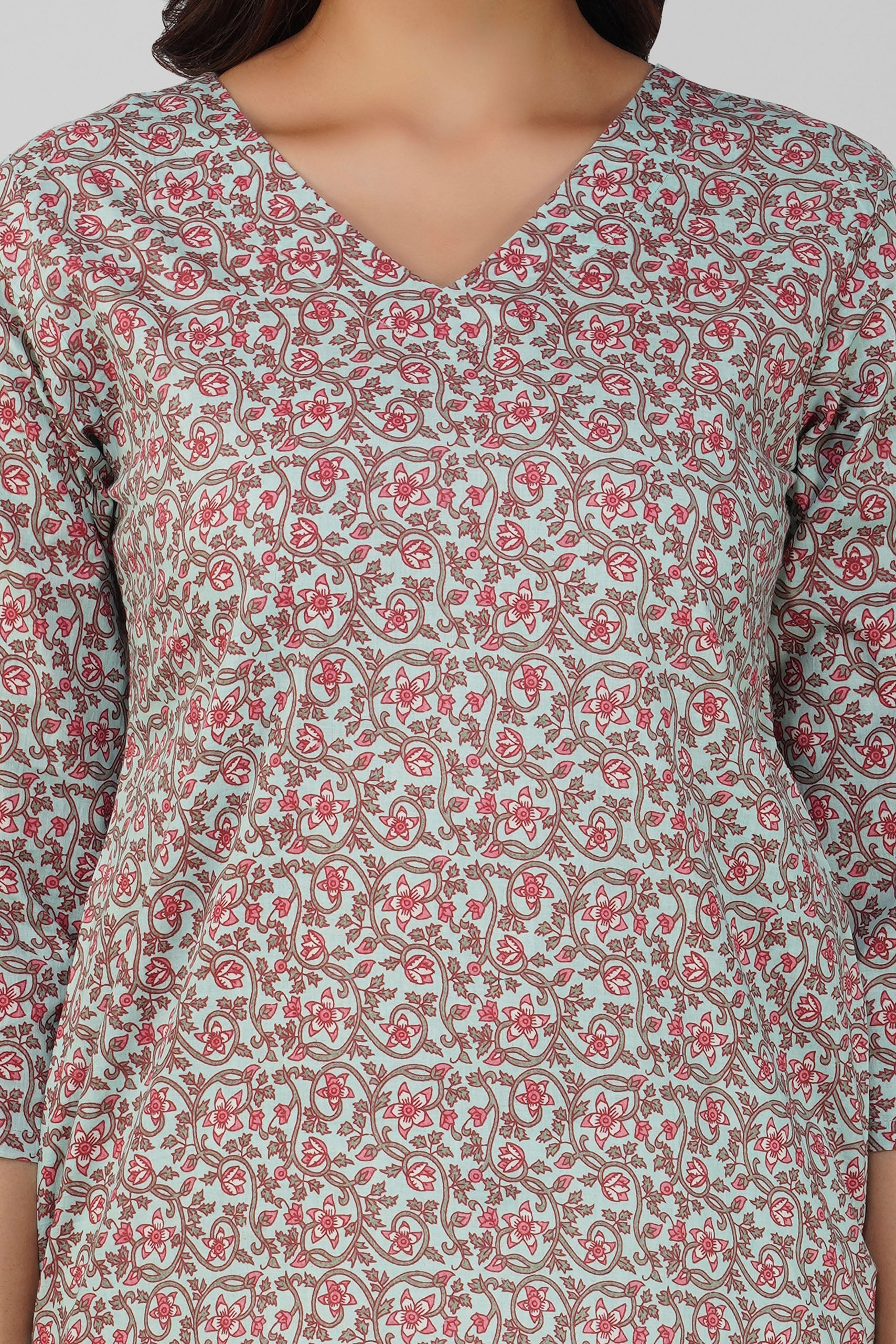 Grey Printed V-Neck Cotton Top