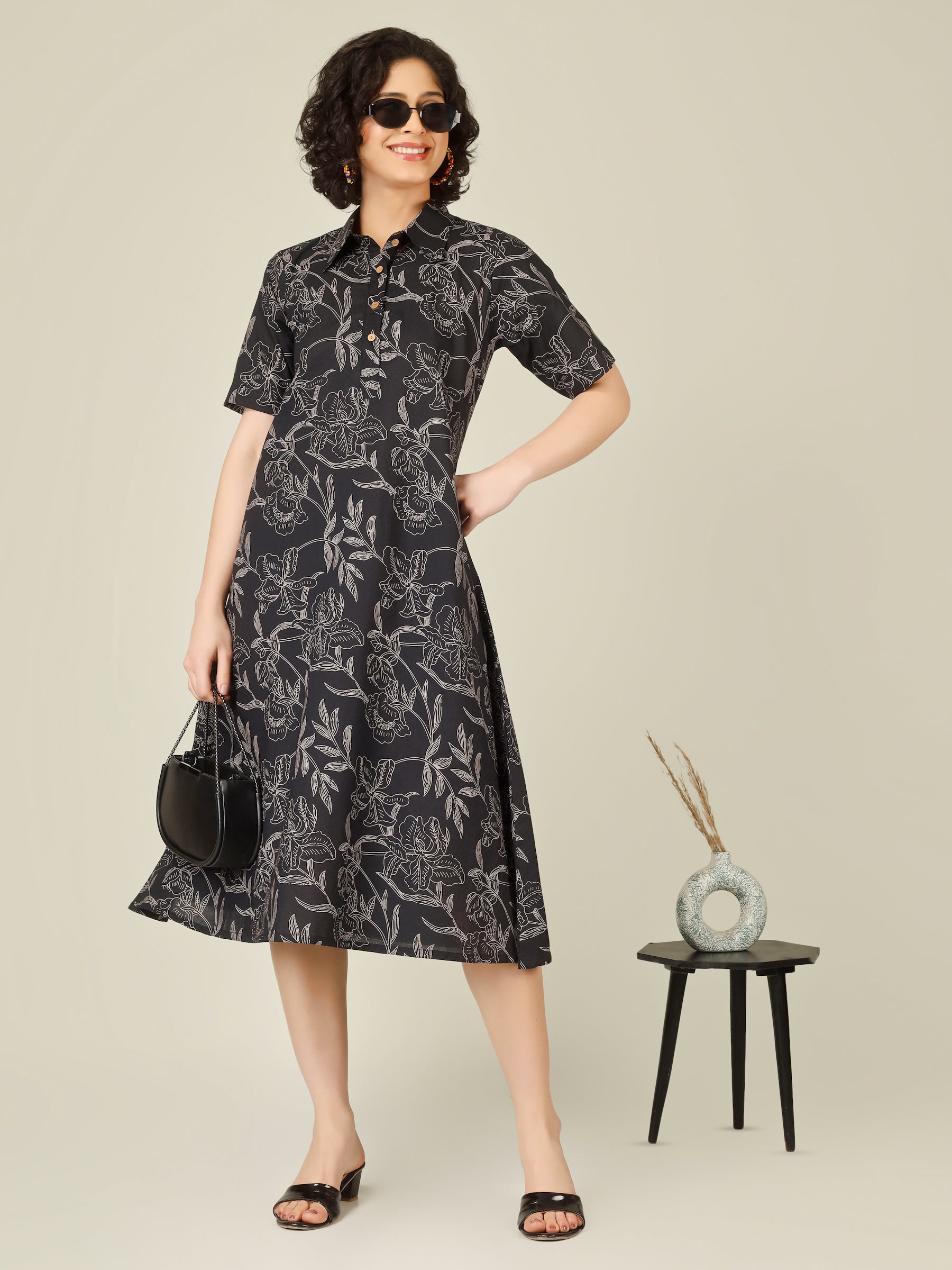 Black Printed A-Line Cotton Shirt Dress