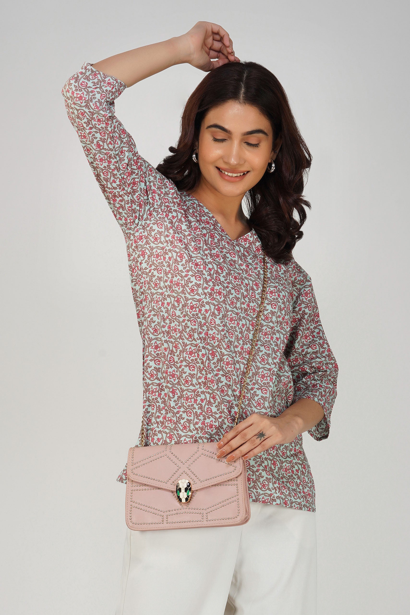 Grey Printed V-Neck Cotton Top