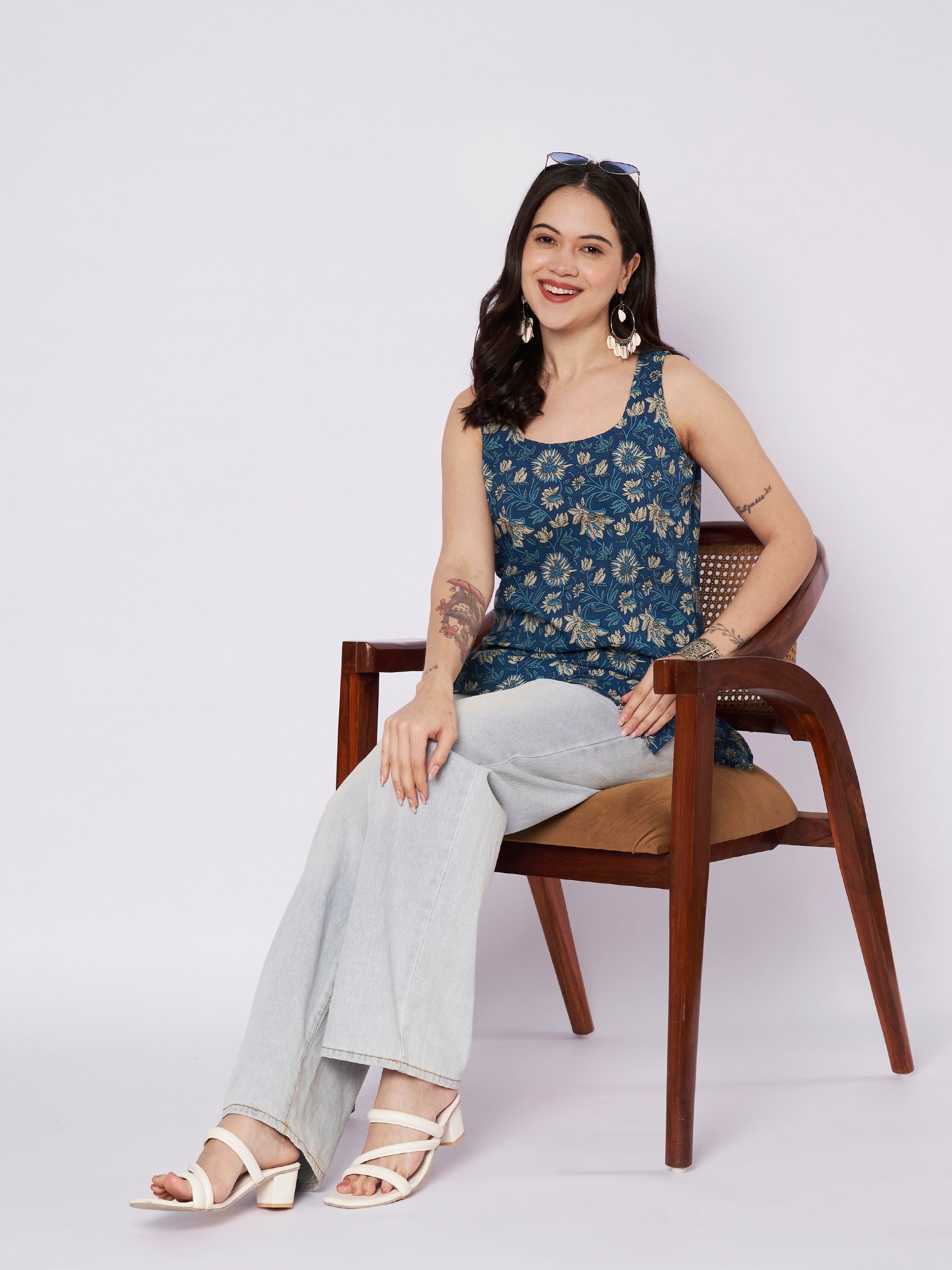 Blue Printed Sleeveless Cotton Top