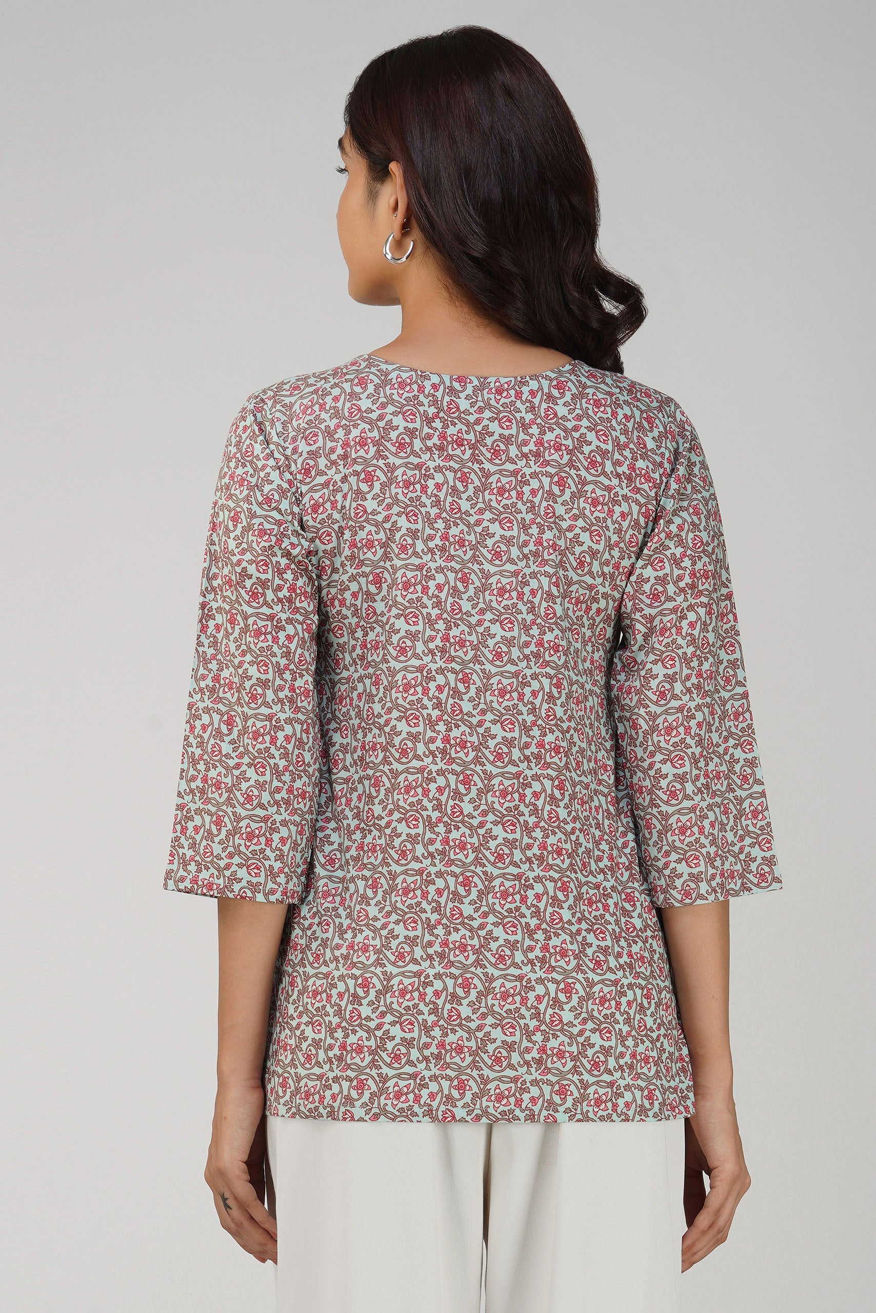 Grey Printed V-Neck Cotton Top