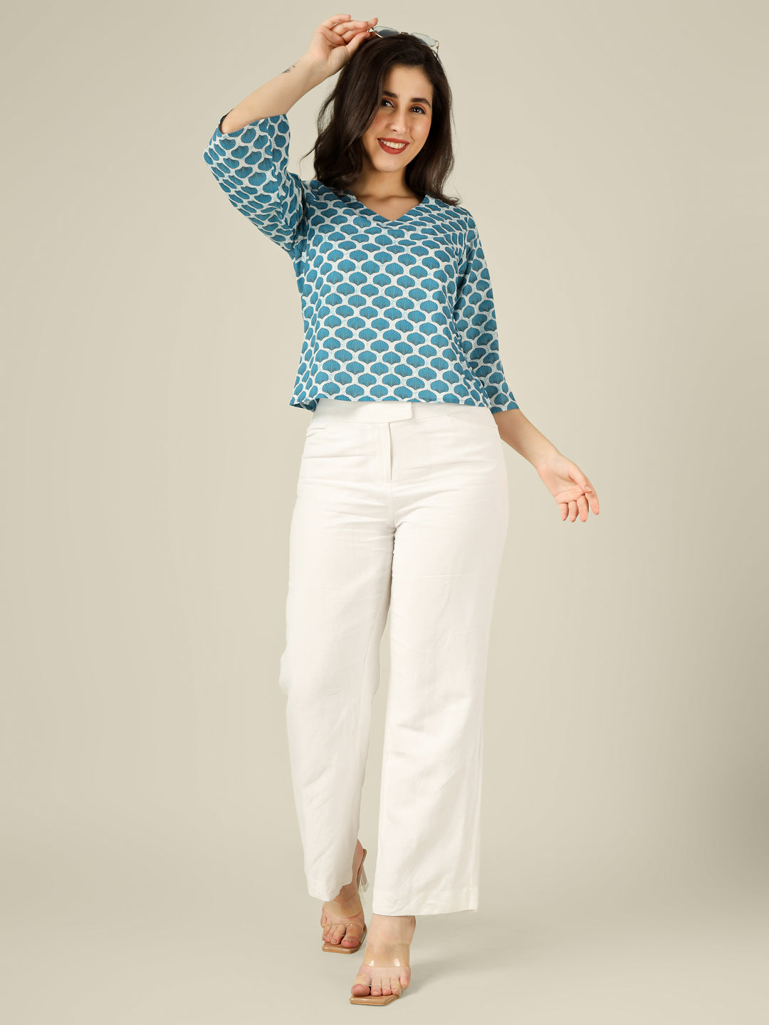 Blue Printed Straight Bell-Sleeves Top