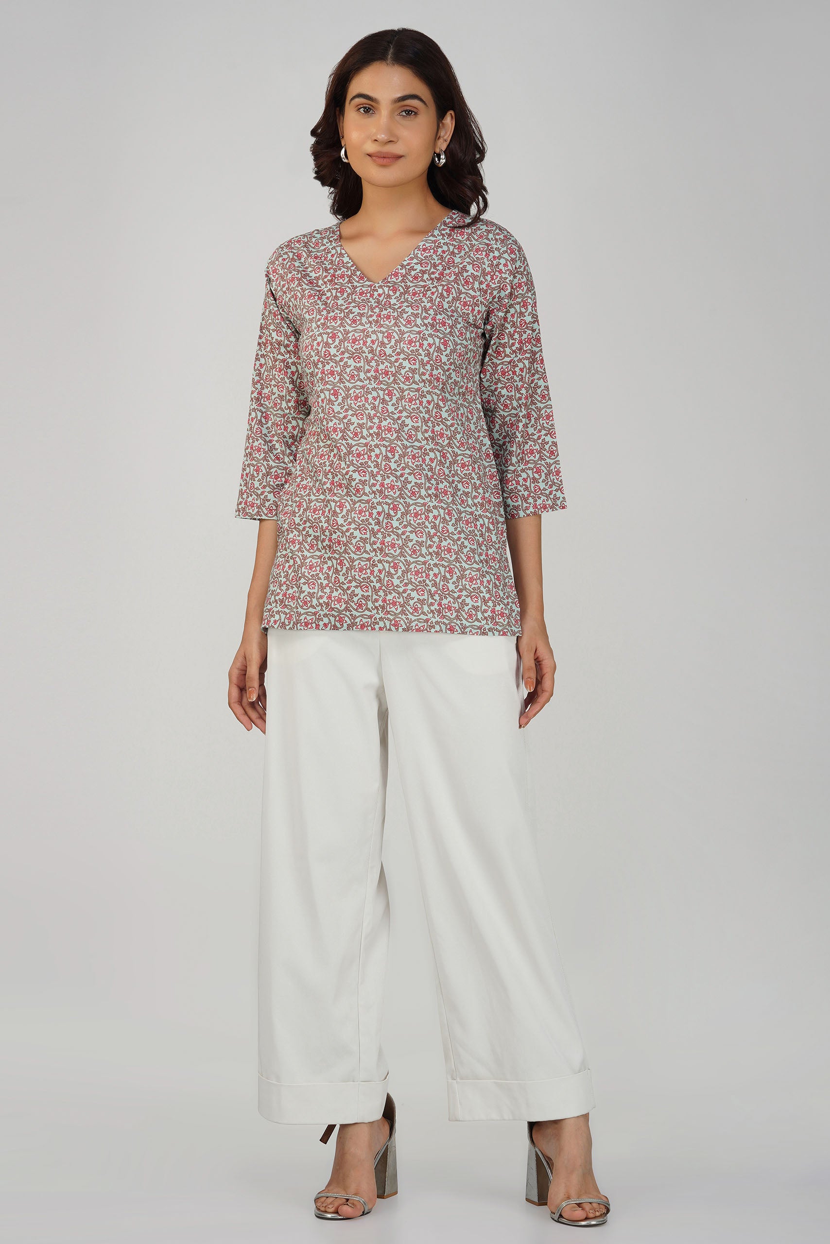 Grey Printed V-Neck Cotton Top