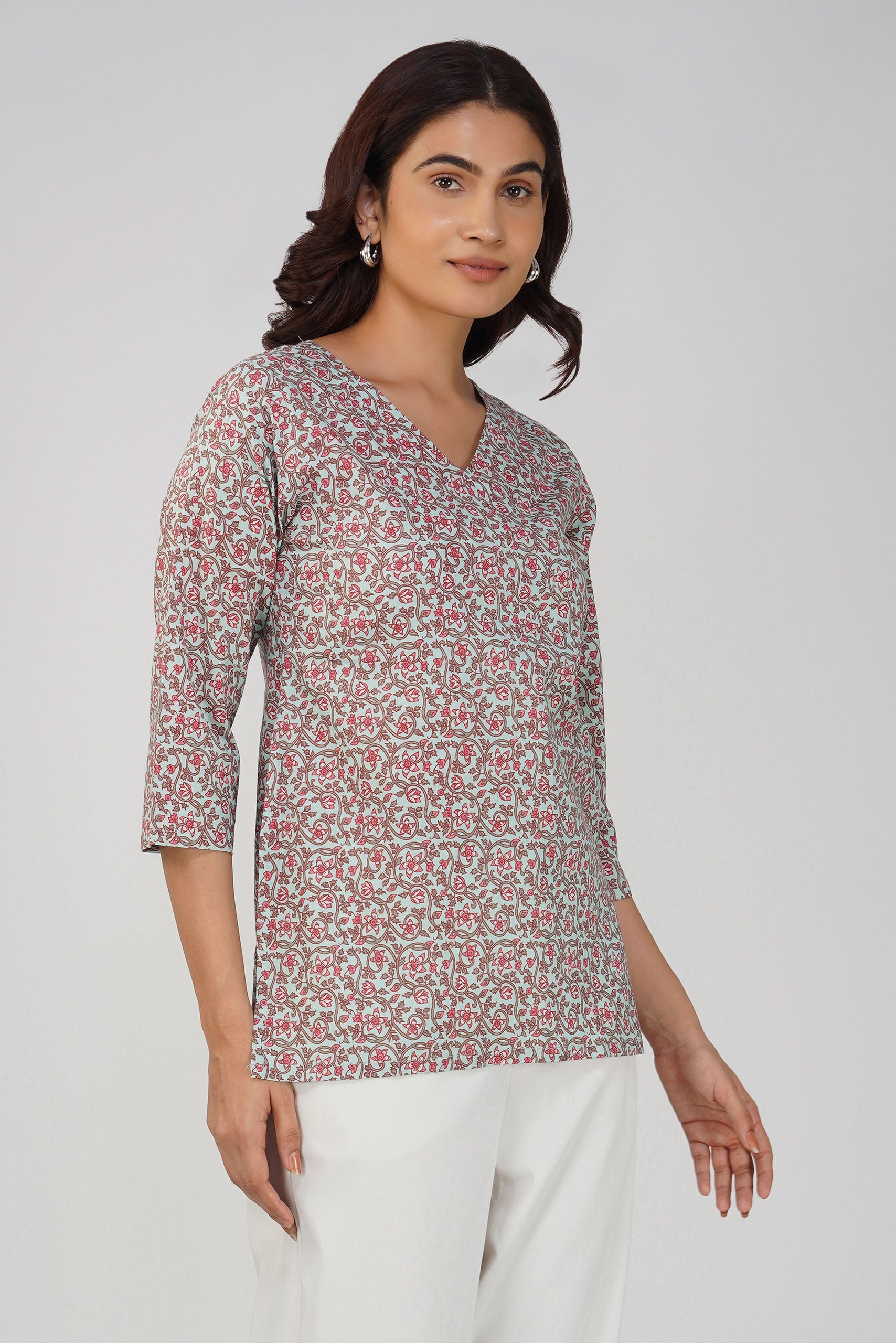 Grey Printed V-Neck Cotton Top