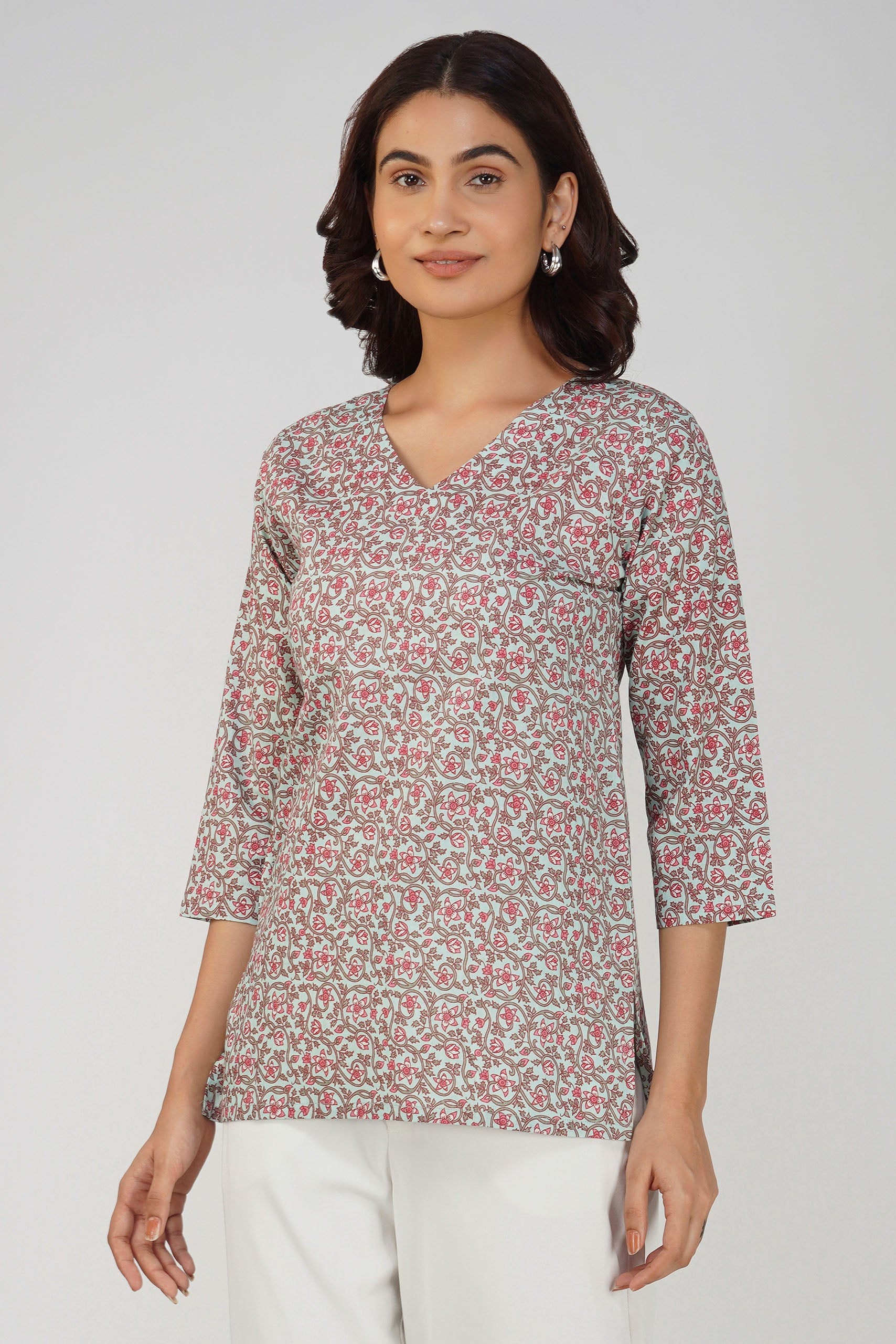 Grey Printed V-Neck Cotton Top