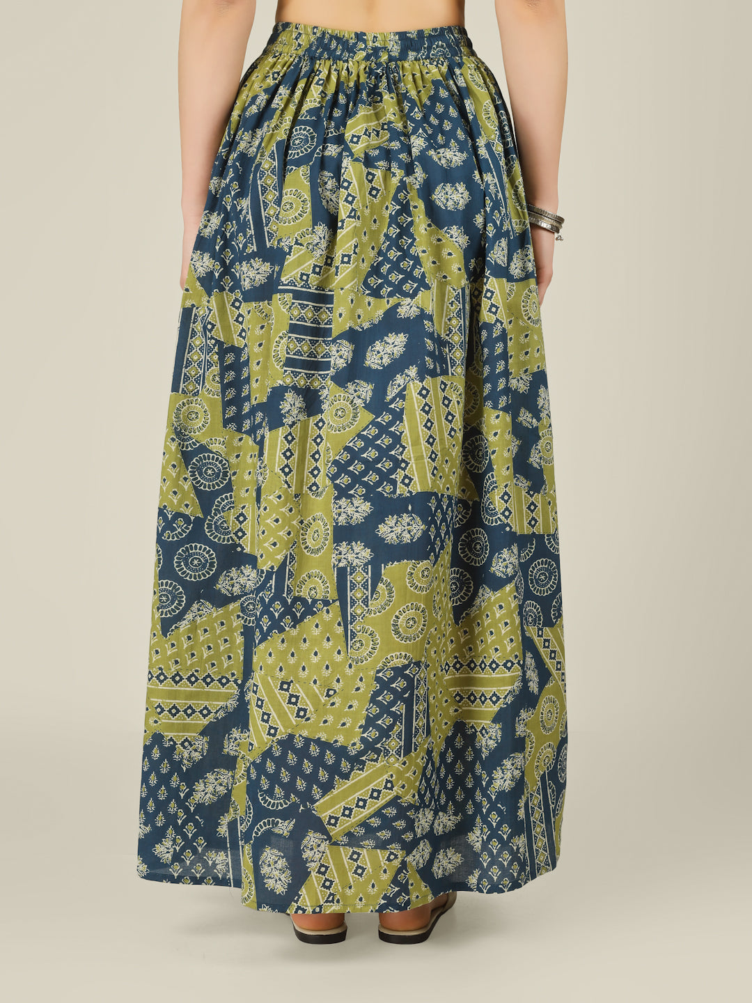 Green and Blue Printed Cotton Maxi Skirt
