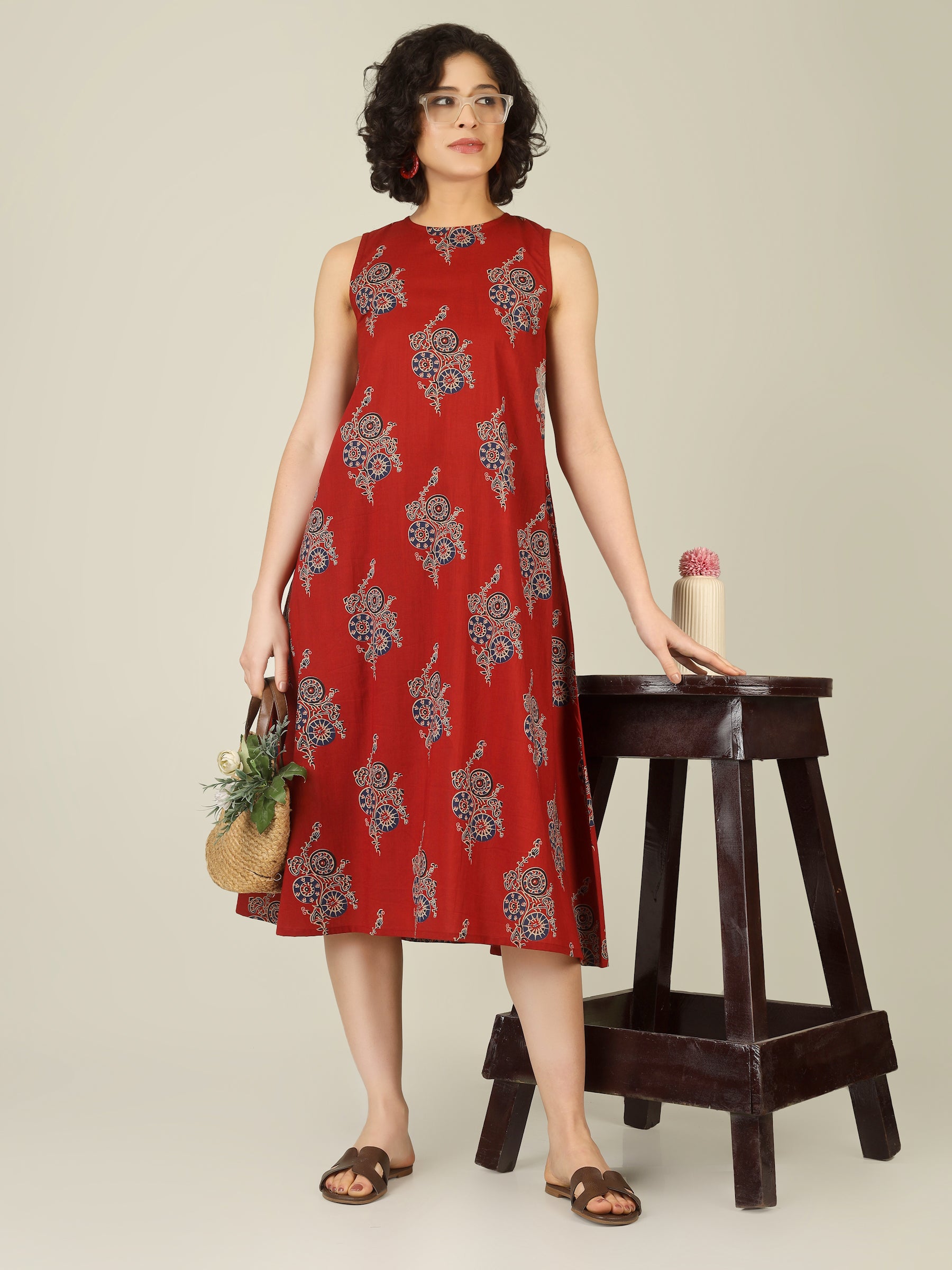 Red Printed Sleeveless A-Line Cotton Dress