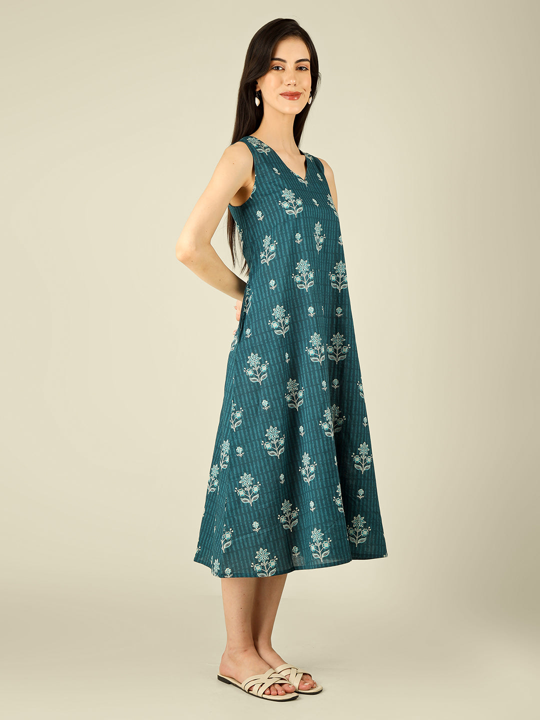 Teal Blue Printed V-Neck Sleeveless A-Line Cotton Dress