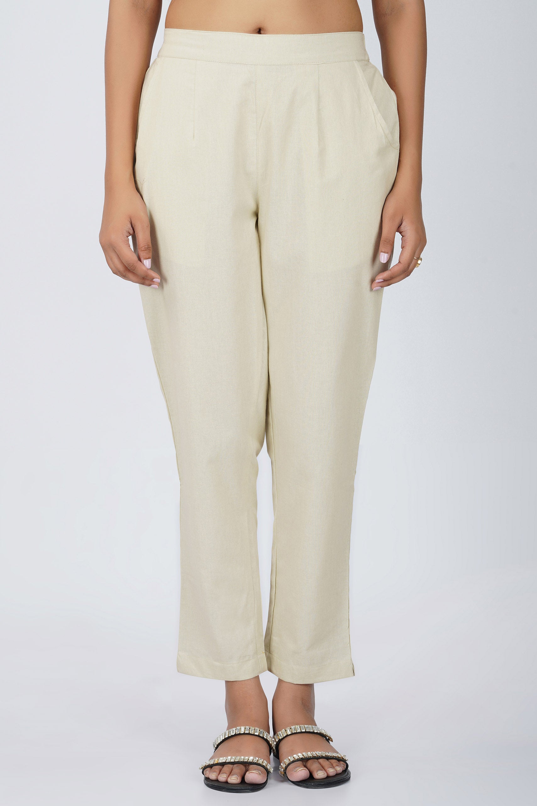 Beige Cotton Trouser for Women