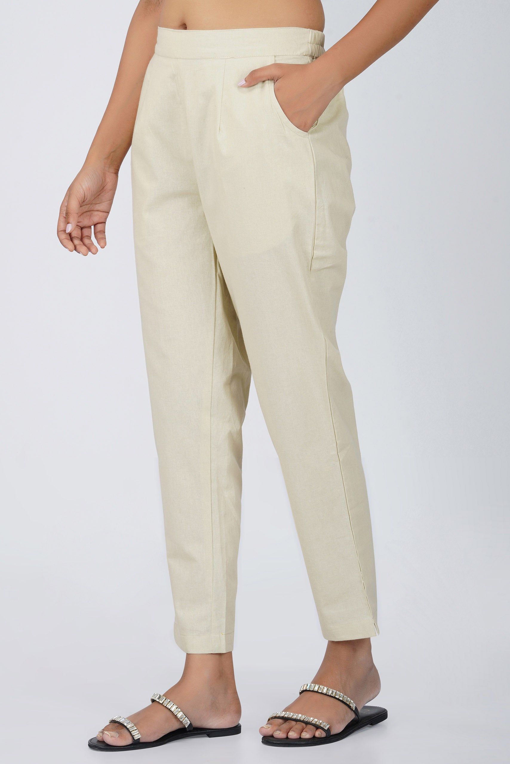 Beige Cotton Trouser for Women