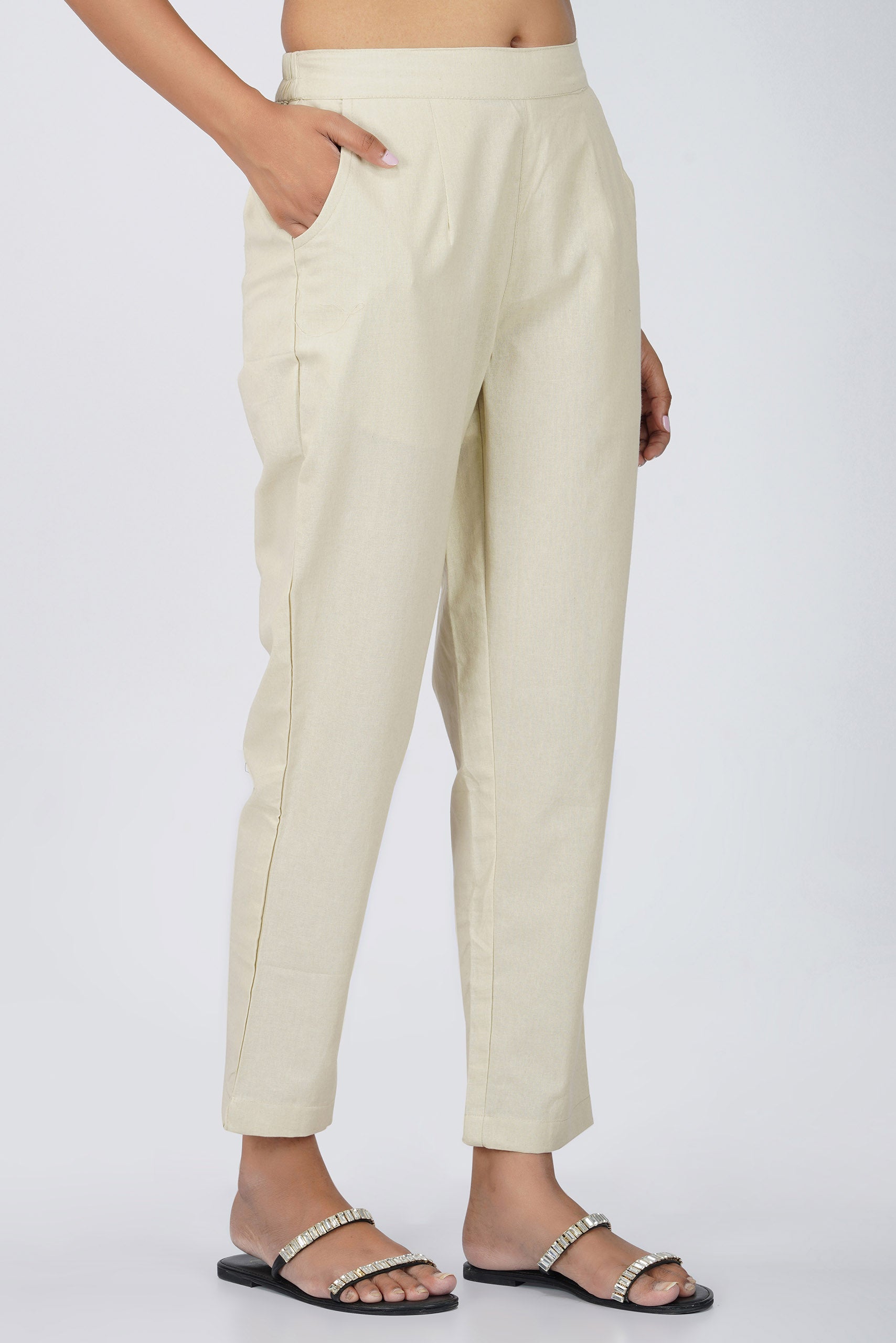 Beige Cotton Trouser for Women