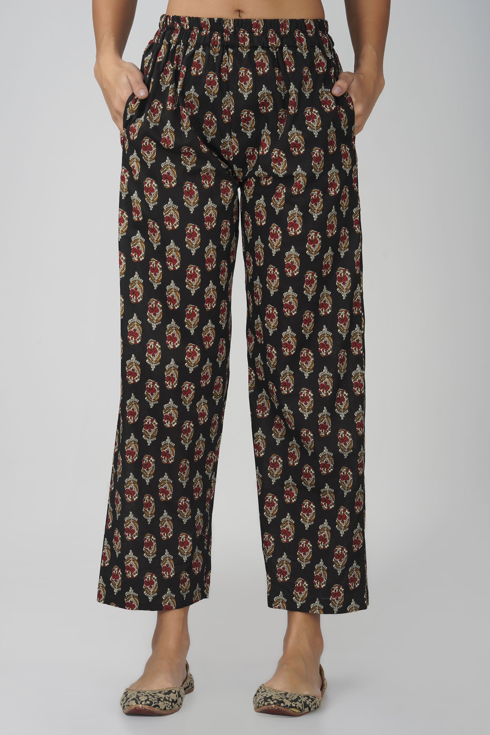 Black Printed Round V-Neck Cotton Kurta Set